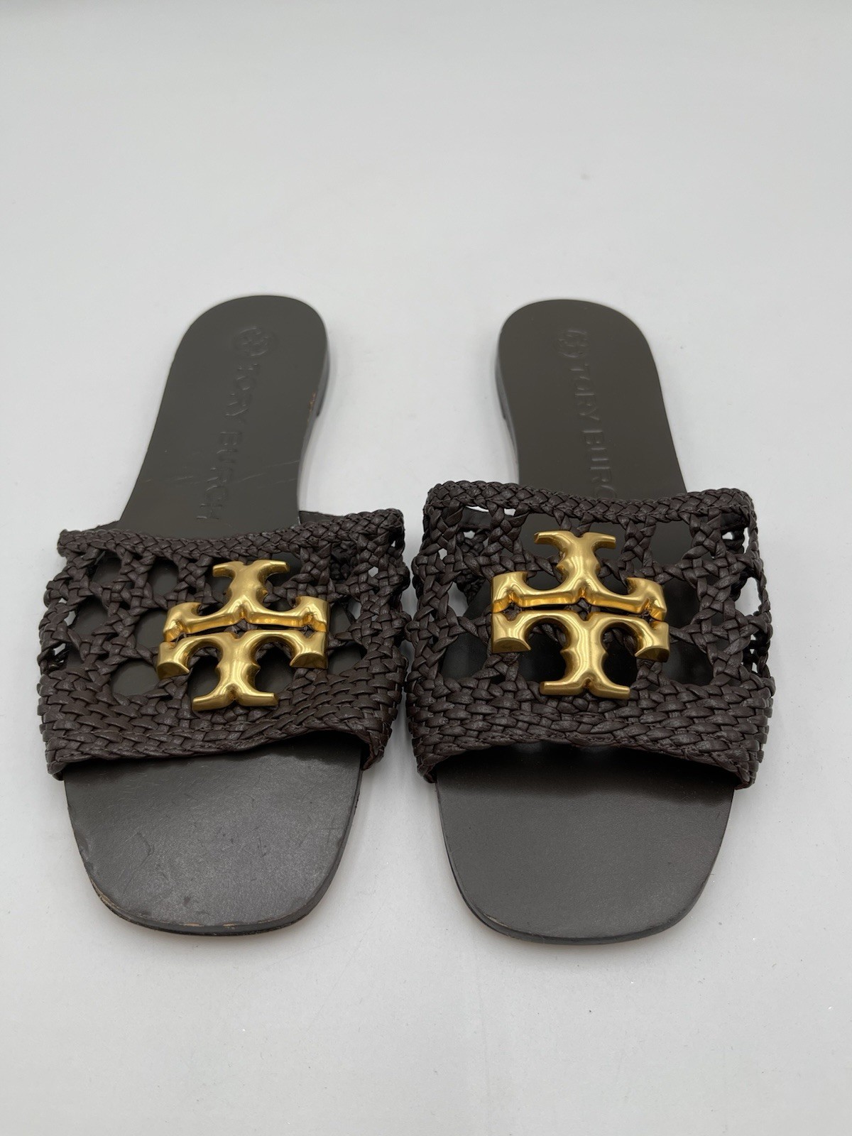 Tory Burch Eleanor Woven Flat Slide Woven Brown Leather Size 6M