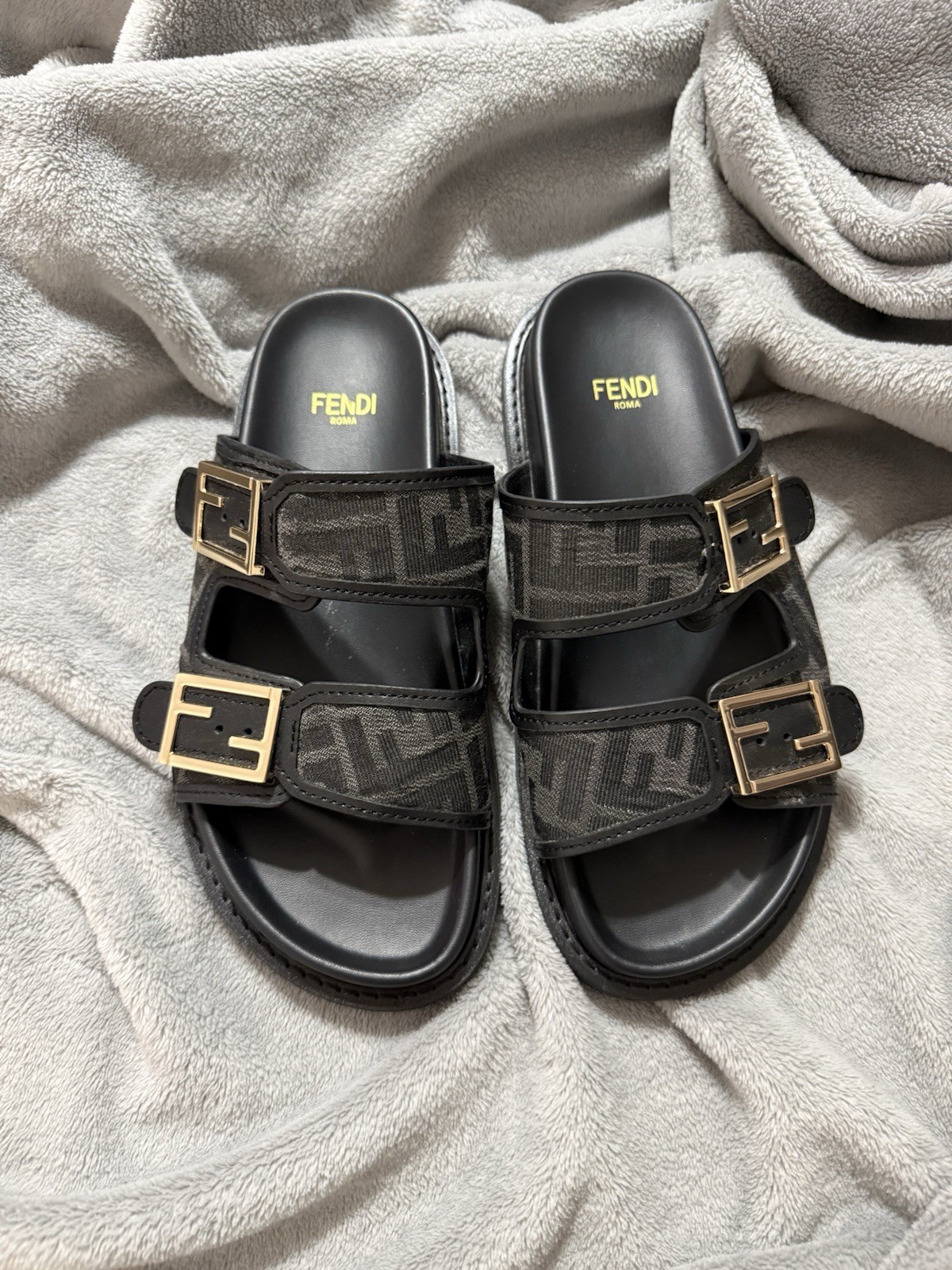 Fendi Women’s Slide Sandals Black/Gray FF Logo Buckle Adjustable Strap