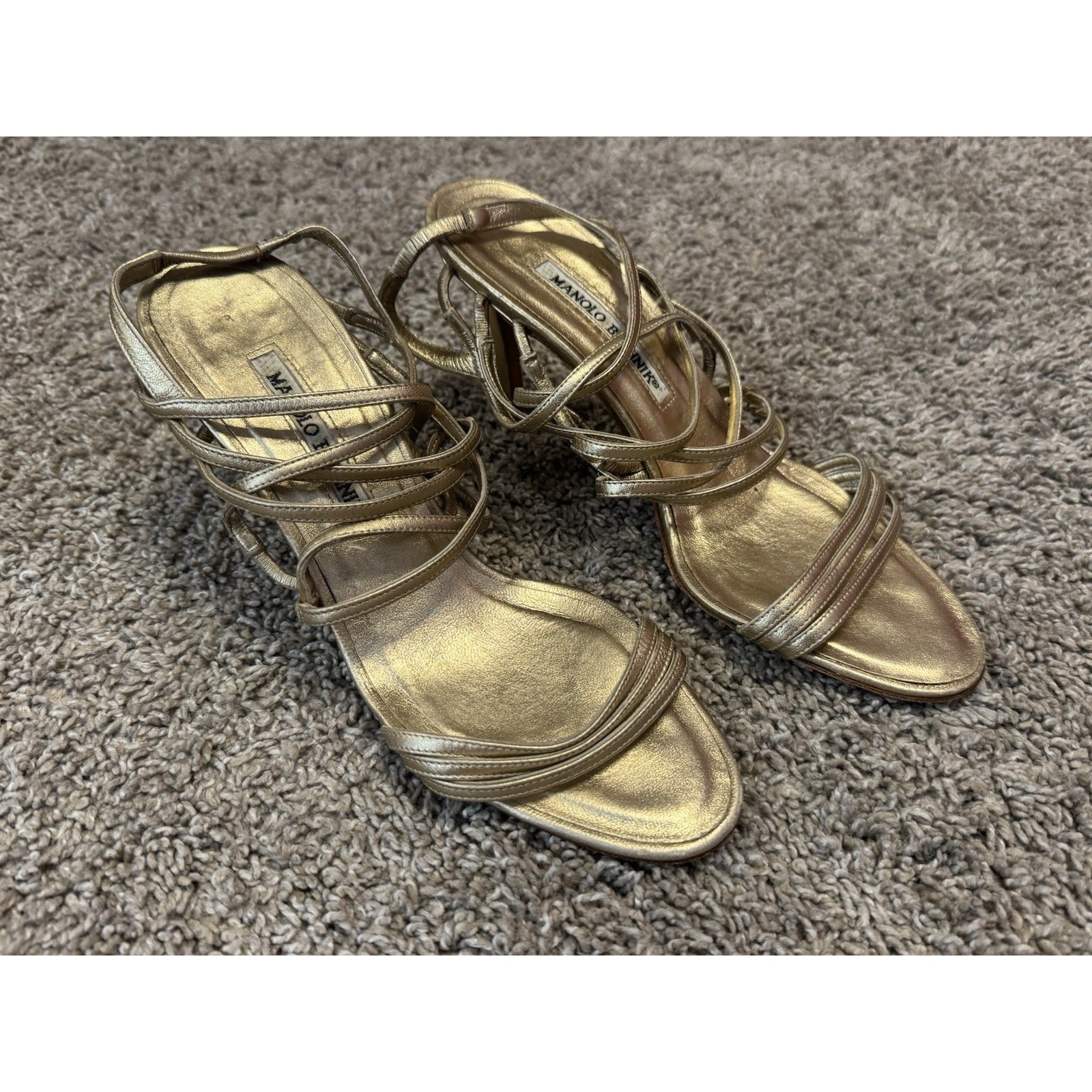 Vintage MANOLO BLAHNIK Metallic Champagne Lace-Up Sandal Stiletto Heels 37.5
