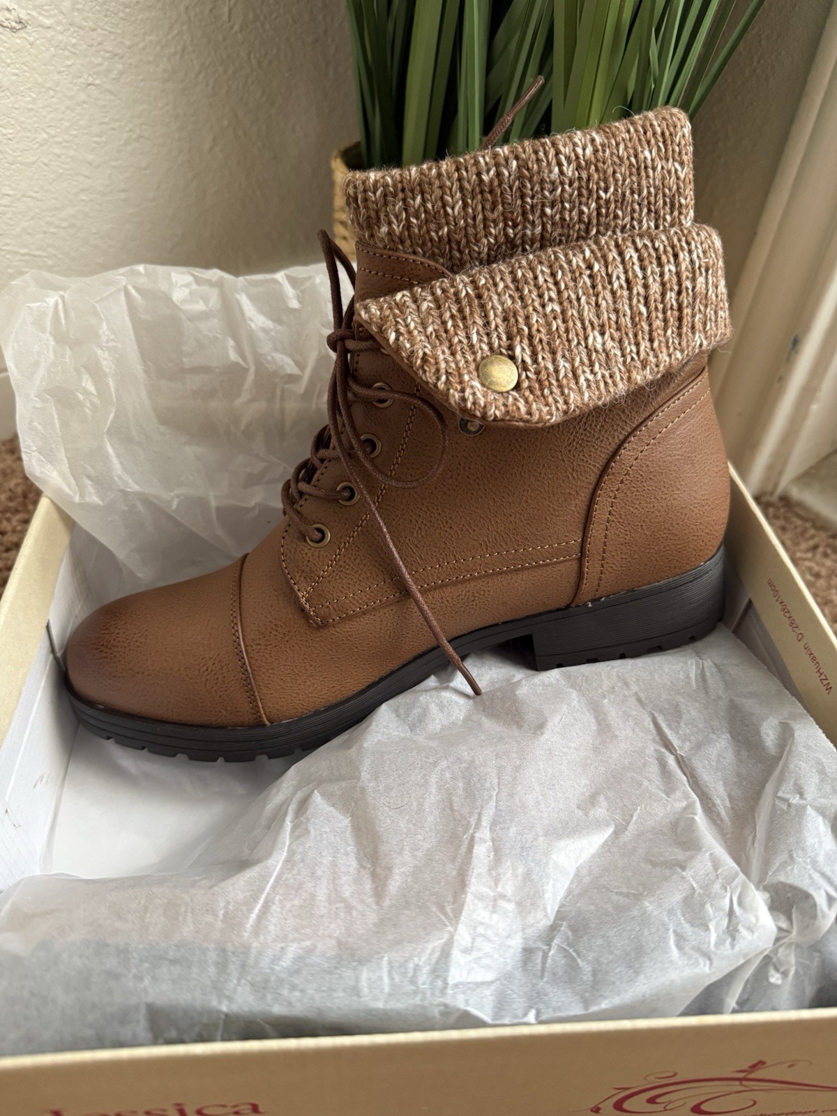 Jessica Cline Women’s Brown Leather Lace-Up Ankle Bootie Knit Cuff 9.5M
