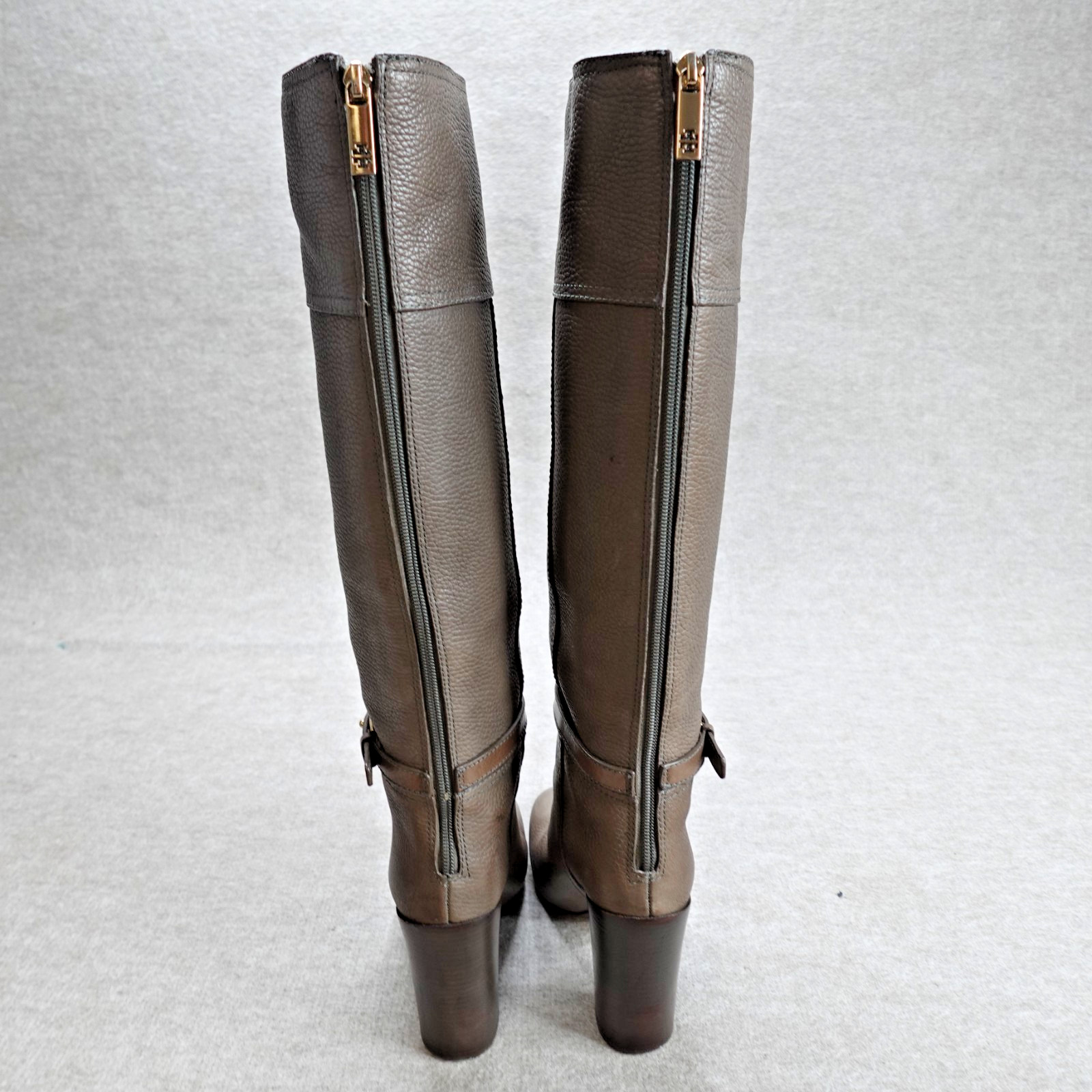 Tory Burch Womens Boots 8.5 Brown Gray Zip Heeled Pebbled Jenna Knee High