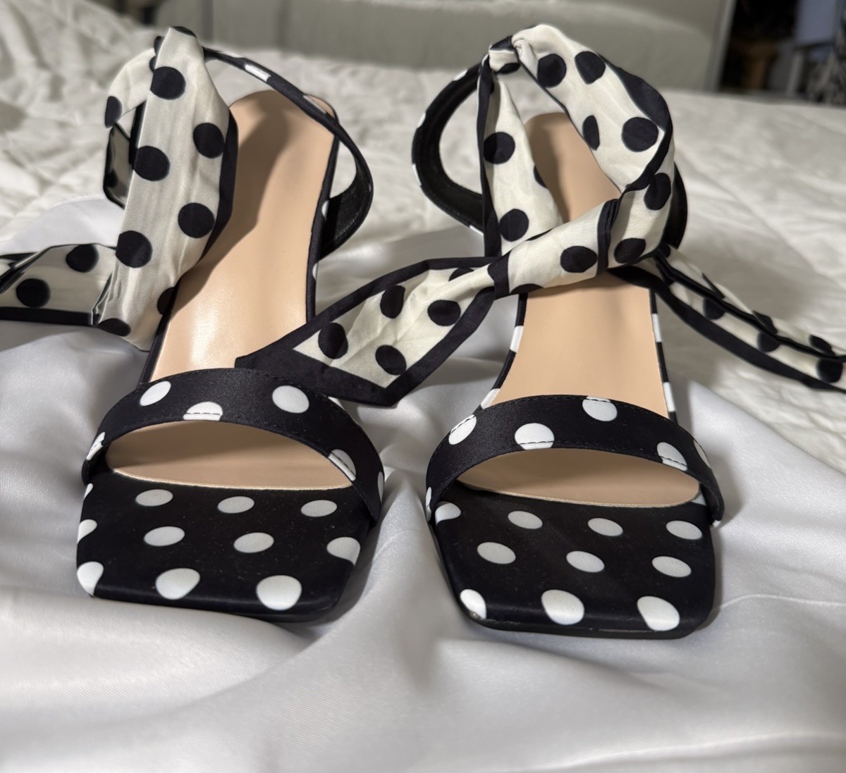 Luxury Footwear Silk Crepe Polka Dot Strappy Ankle Strap Bow Tie Stiletto Heel