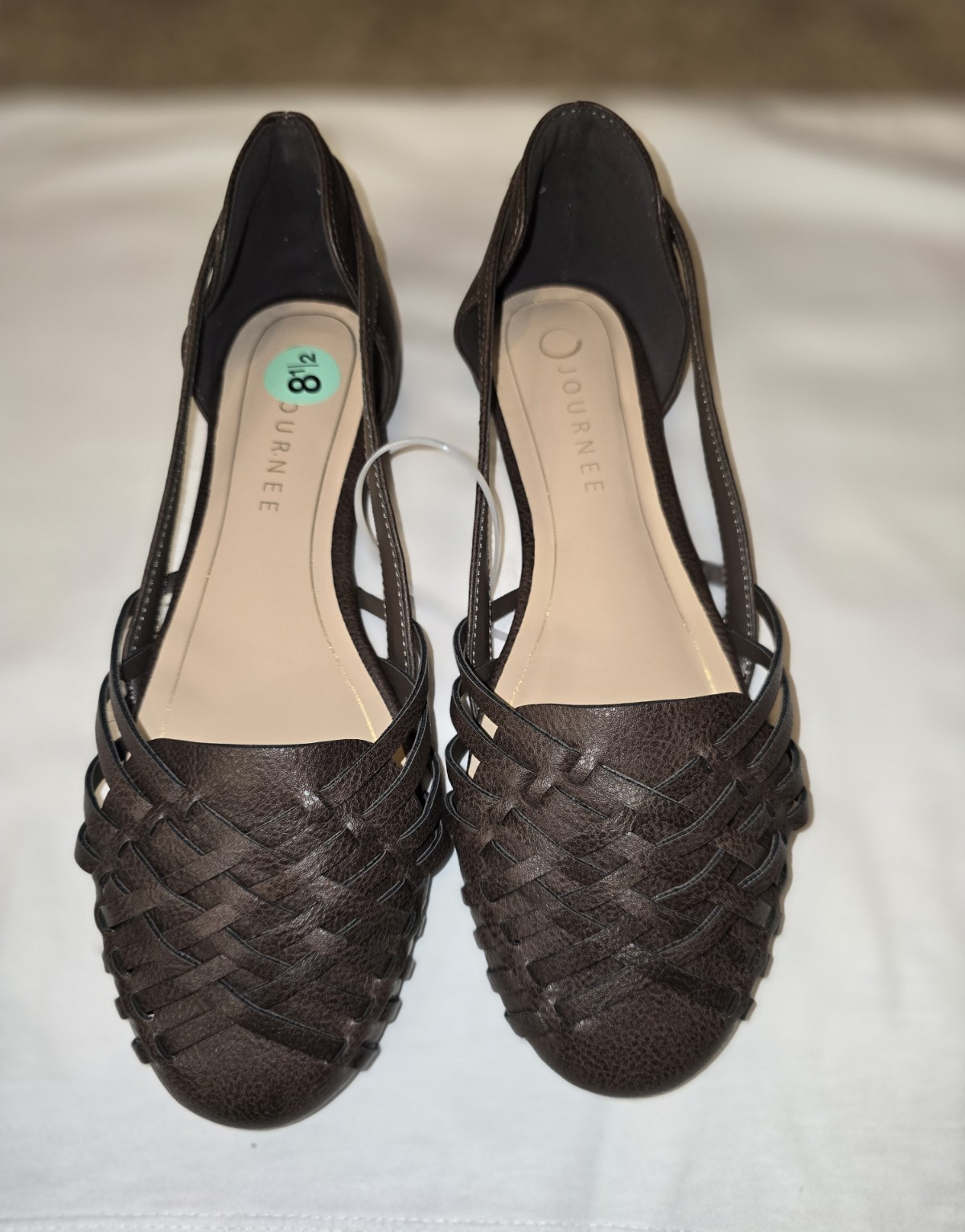 Journee Women’s Brown Woven Strappy Slip-On Round Toe Flats 8.5 Faux Leather