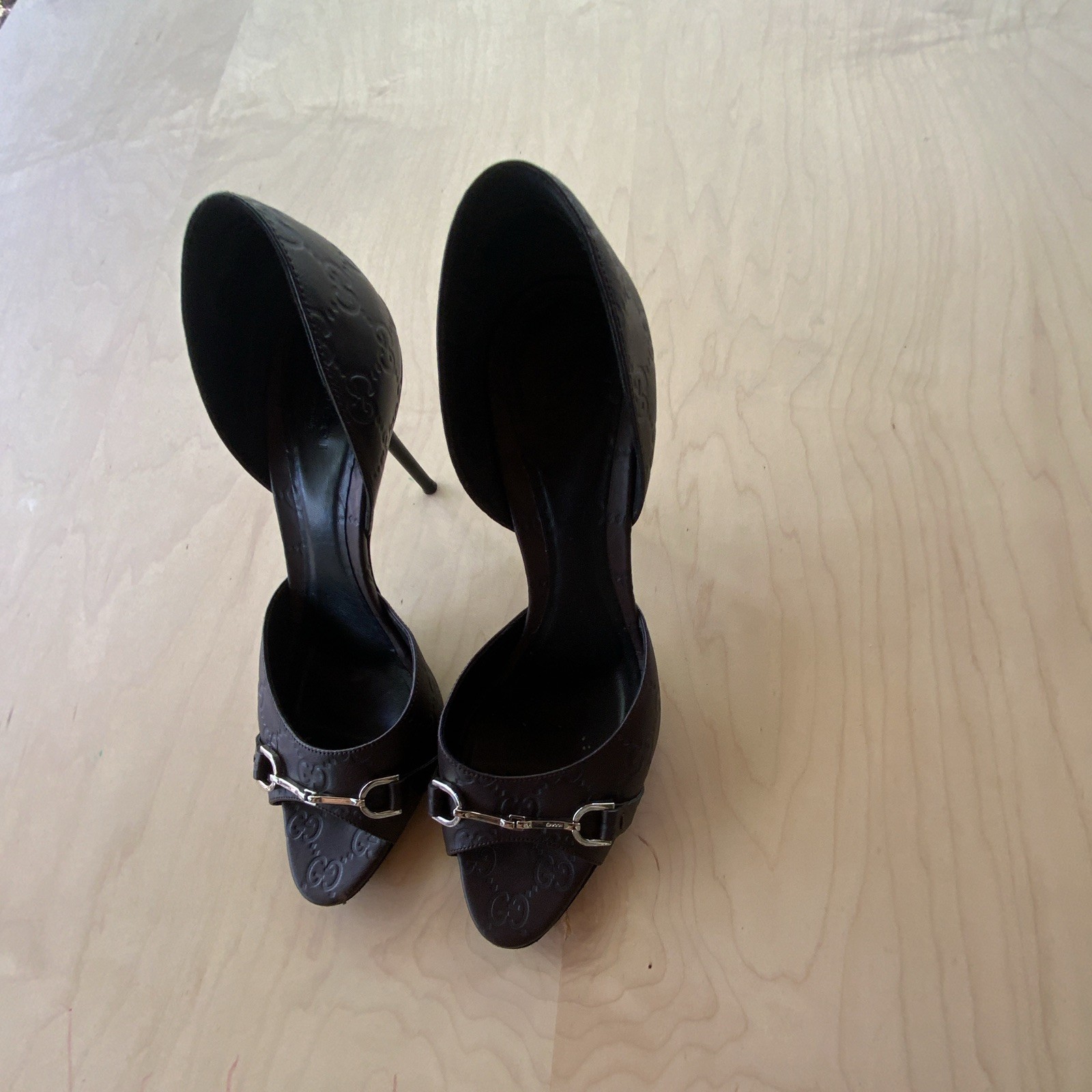 Gucci Brown Leather Logo D’Orsay Open Toe Stiletto Heels Slip-On Womens EU 35.5