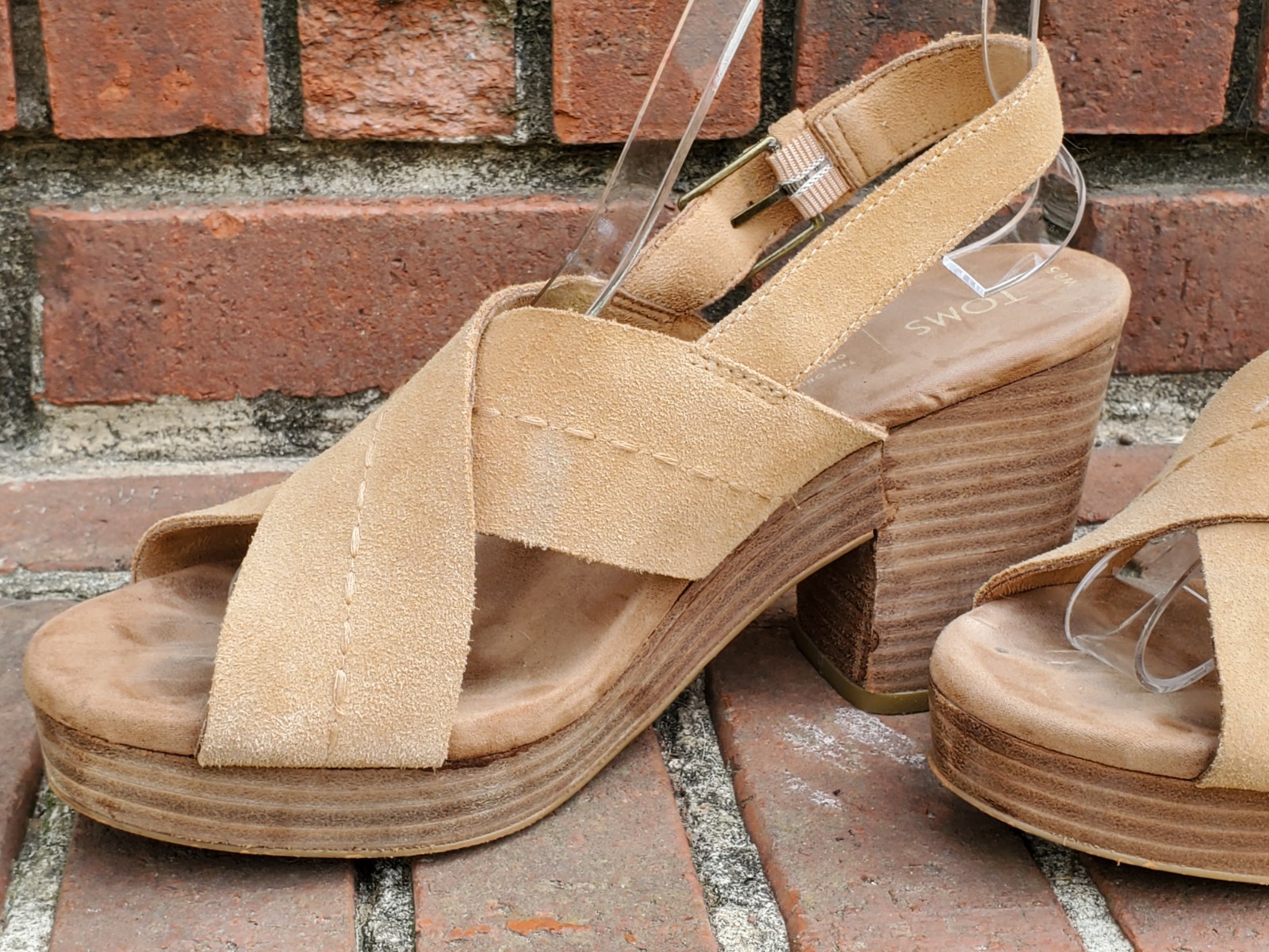TOMS Ibiza Stiched Suede 3.5″ Heeled Sandal●Camel Colored●Good/Clean Cond●Sz.8.5