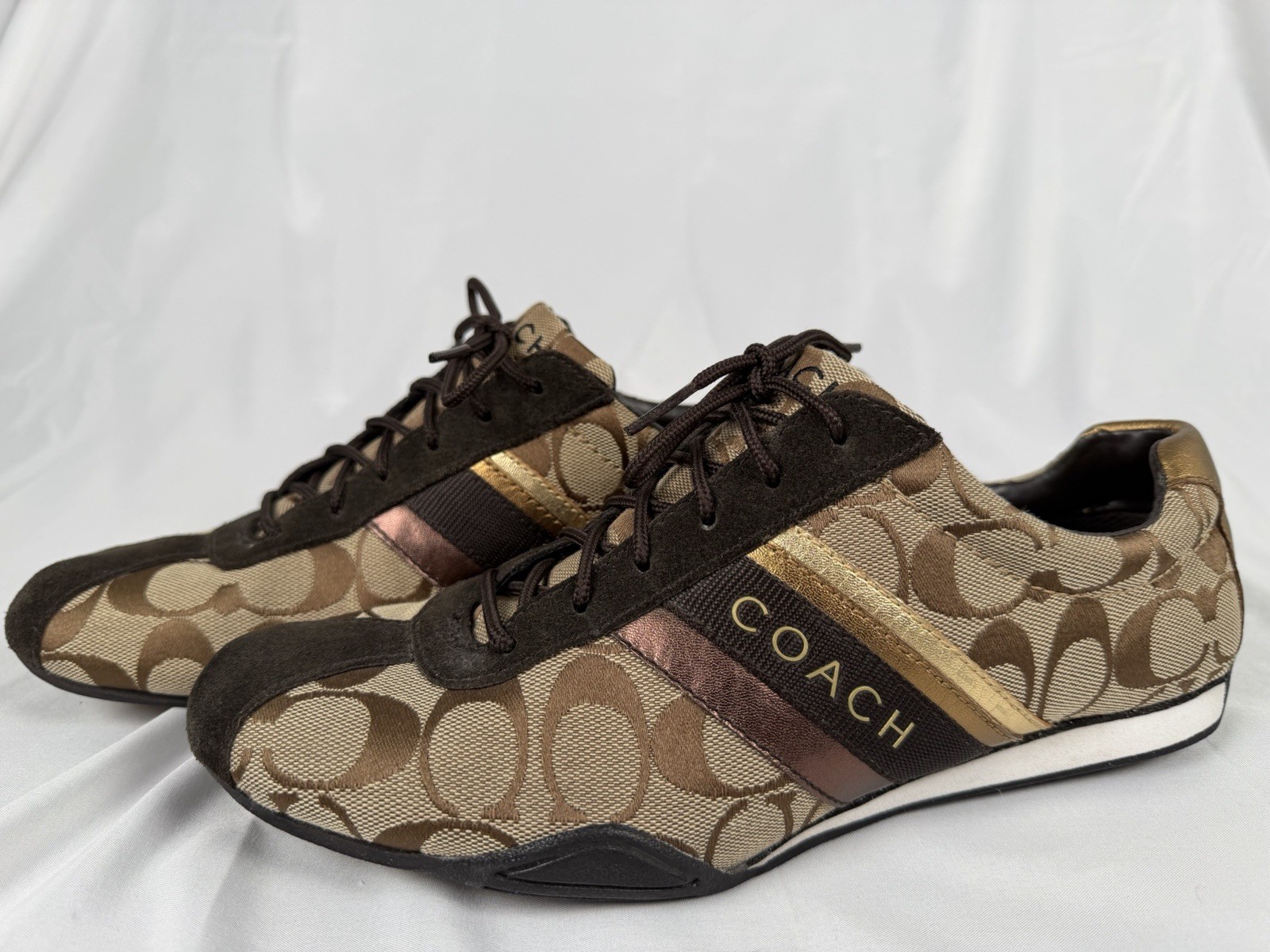 Coach JAYME Brown Gold Signature C Logo Sneakers Shoes Lace Up Womens Size 10M