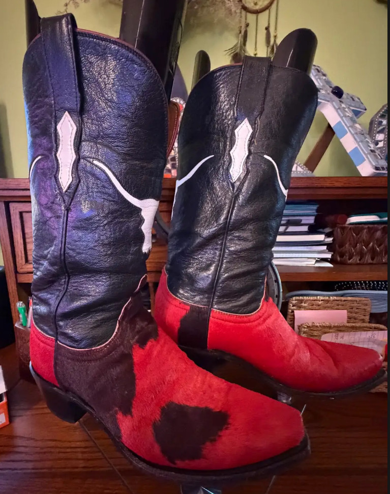 LUCCHESE Tool 1883 Cowhide Calf Hair Hide Red-White-Black Cowgirl Cowboy Boots 8