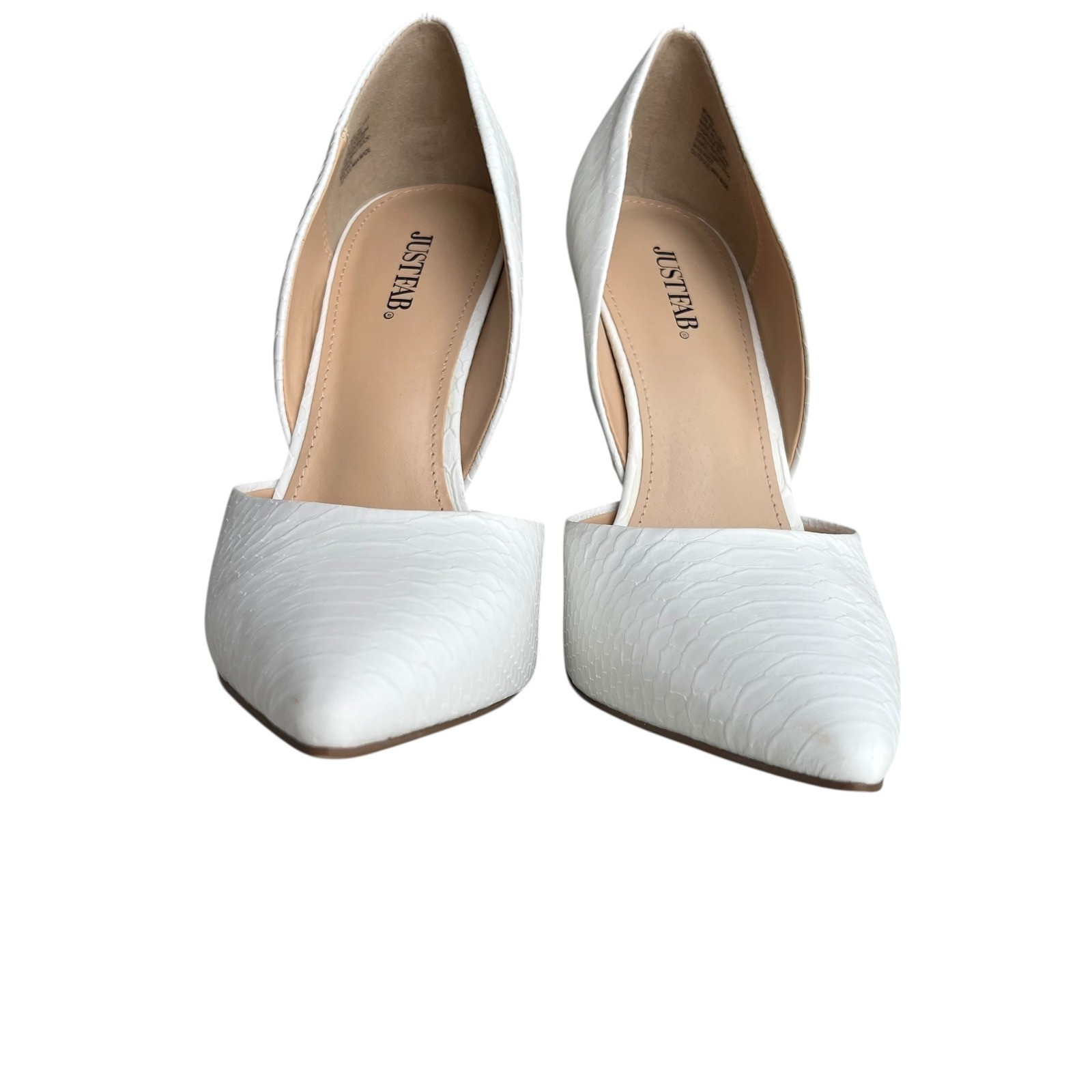 JUST FAB Women 9.5 White Gold Embossed Snakeskin Pointed Toe D’orsay Monika Heel