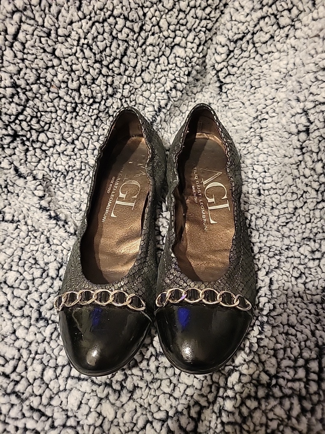 AGTL Attilio Giusti Leombruni Black Leather Ballet Flats Chain Toe Size 36 USA 6
