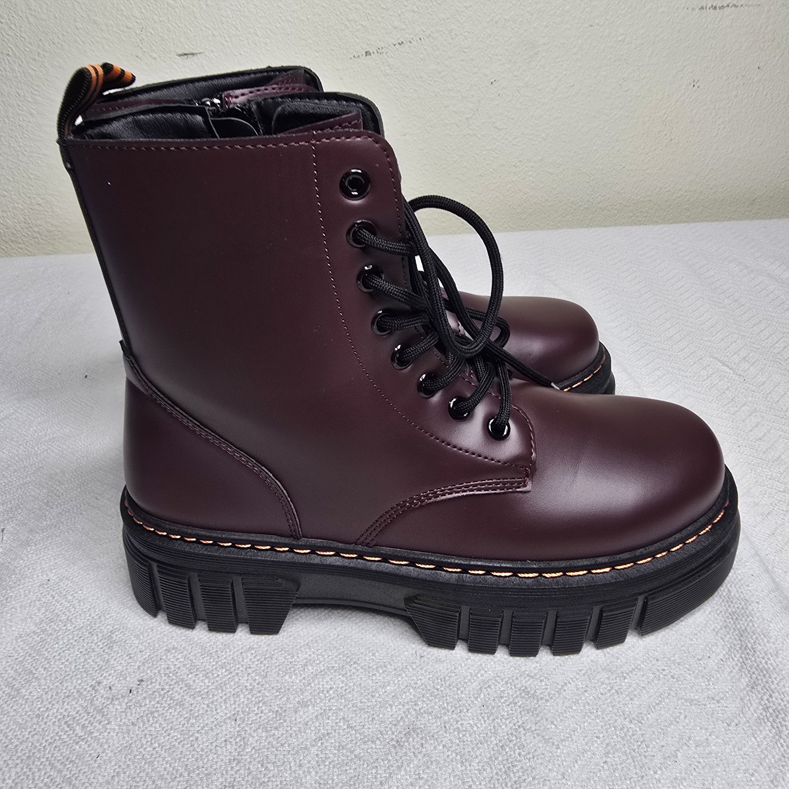 Women’s Burgundy Combat Ankle Boots Lace Up Side Zip Round Toe NELLY-1 Size 10