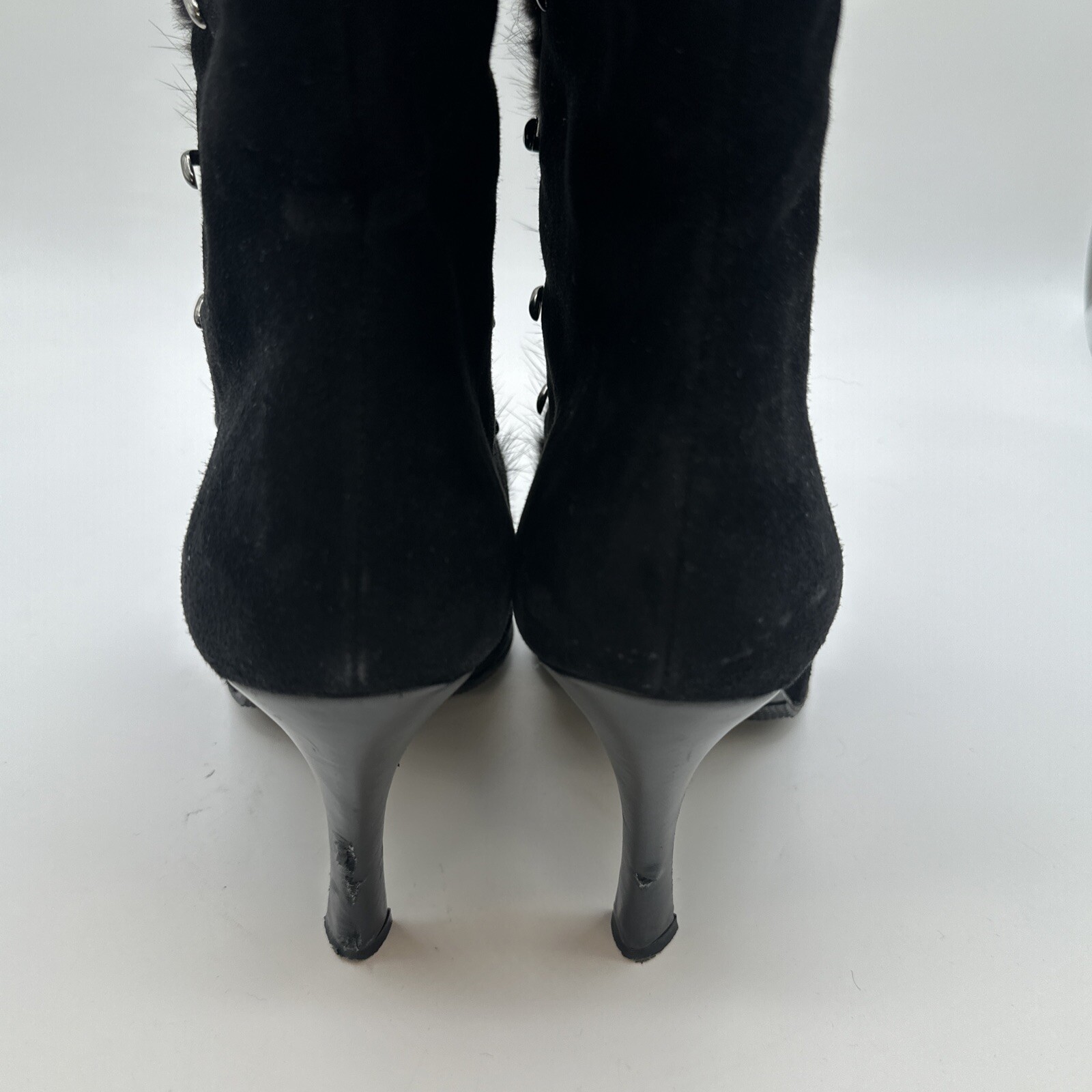 Mauri Boots Womens 9.5 Black Suede Alligator Mink Fur Trim Witchy Gothic Italy
