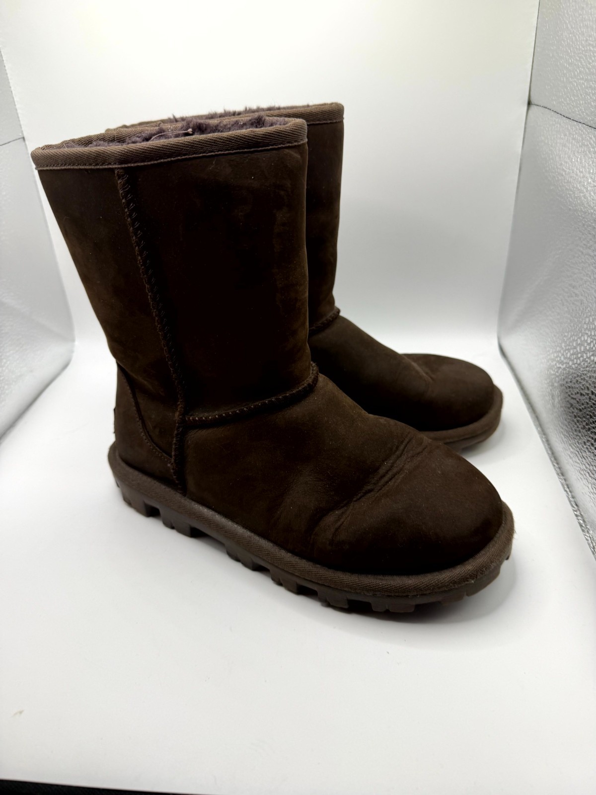 UGG Essential Short Womens 5 Brown Leather Round Toe Waterproof Winter Snow Boot