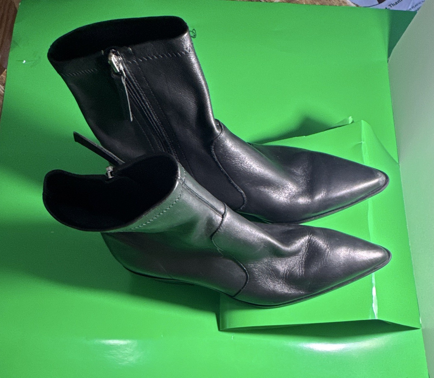 Zara Women’s Black Leather Pointed Toe Ankle Boots Zip Block Heel US 10