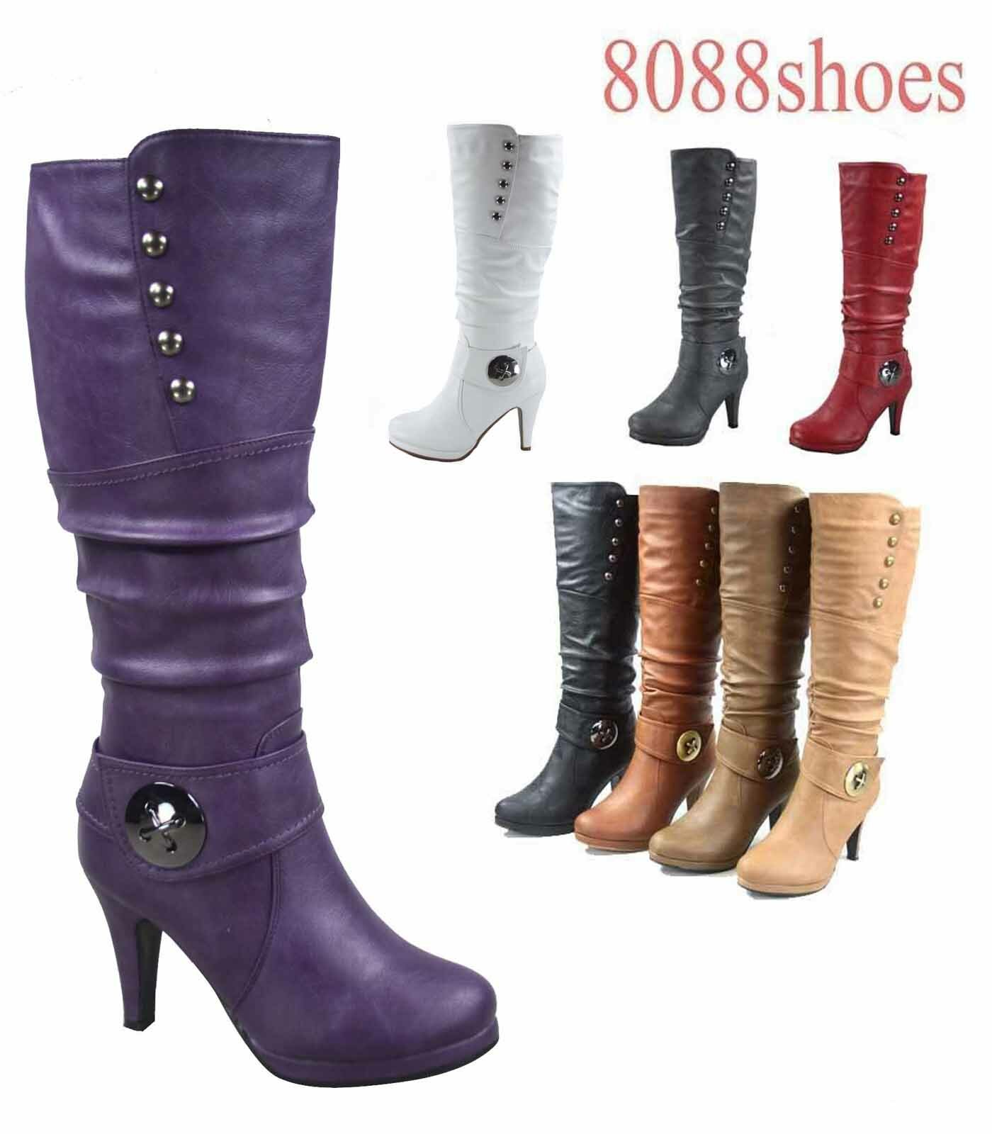 Women’s 6 Color High Heel Round Toe Platform Zip Knee Mid Calf High Boots