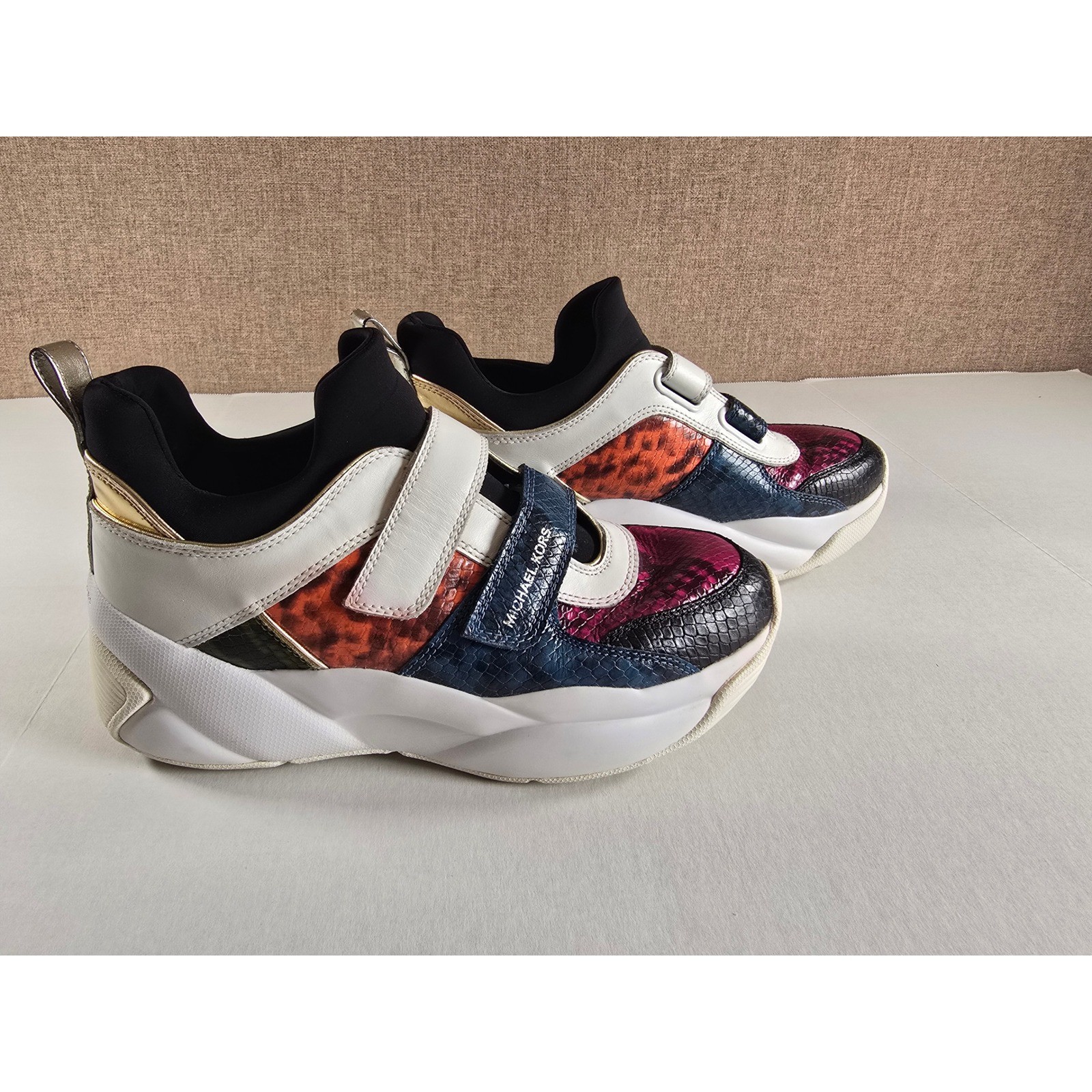 Michael Kors Cosmo Multi Color Snakeskin Embossed Platform Sneakers Straps