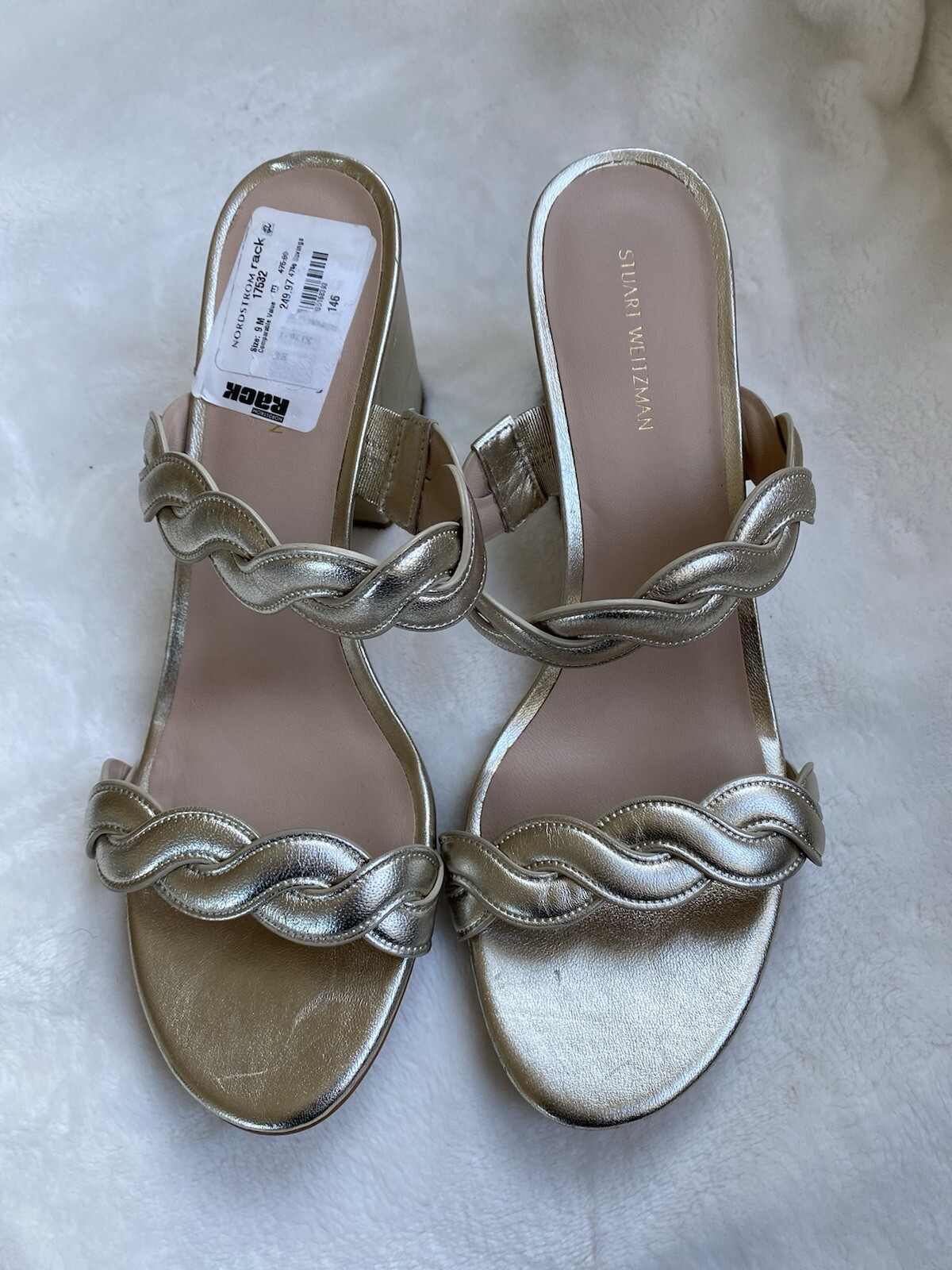 NEW$475 STUART WEITZMAN Twistie Block 75 Metallic Mule Platinum US9/UK6.5/EU39.5