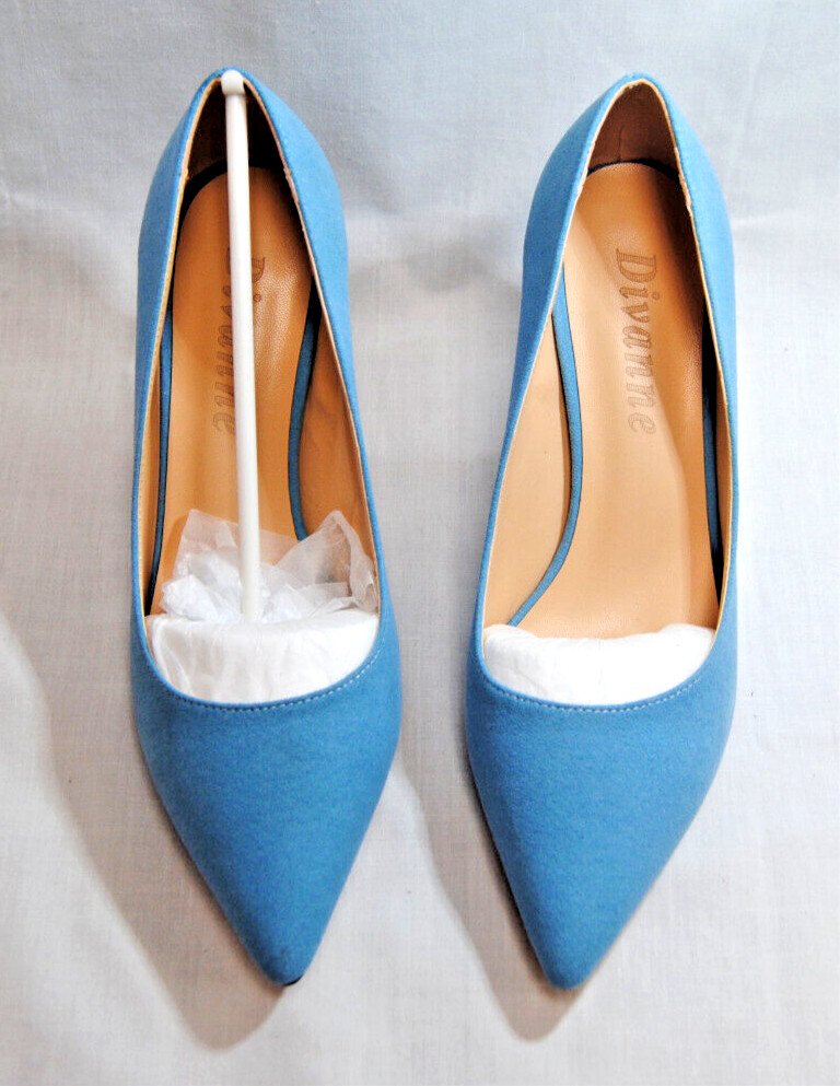 Divanne Womens Middle Heel Stiletto Shoes Pointy Toe Slip-On Pumps Blue T2367
