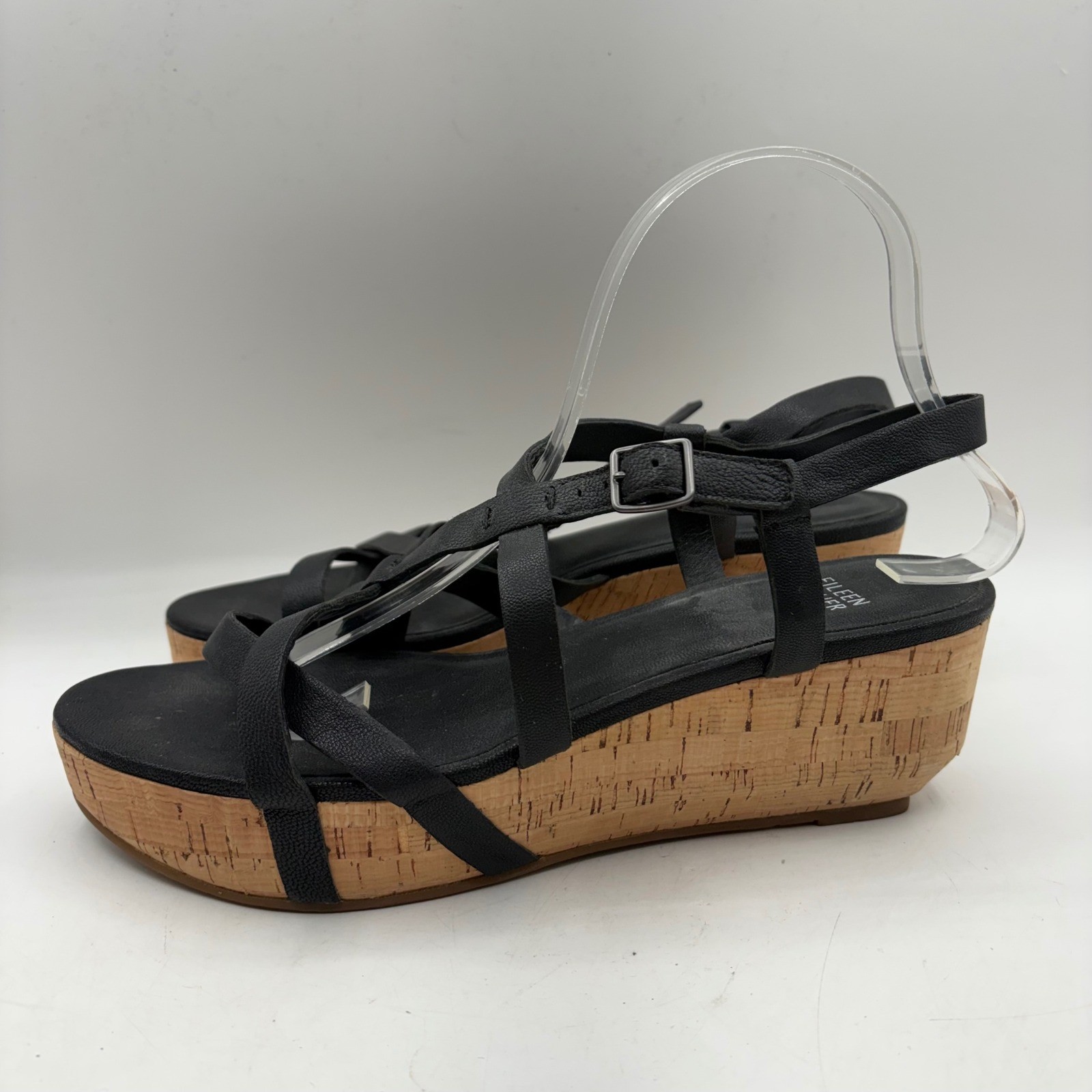 Eileen Fisher Womens Black Leather Cork Platform Wedge Strappy Sandals Size 9.5