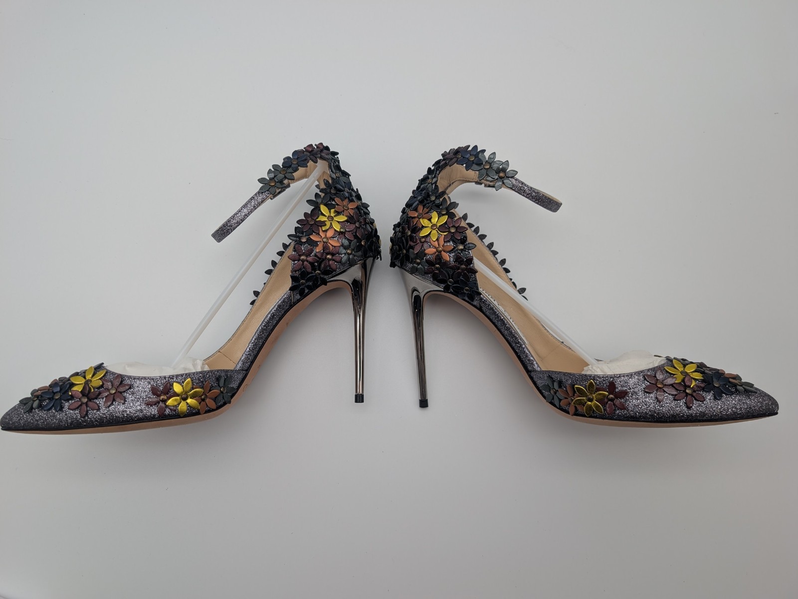Wms Jimmy Choo Lorelai 100 FGW 155 Fine Glitter Leather Heels US 7.5 / EU 37.5
