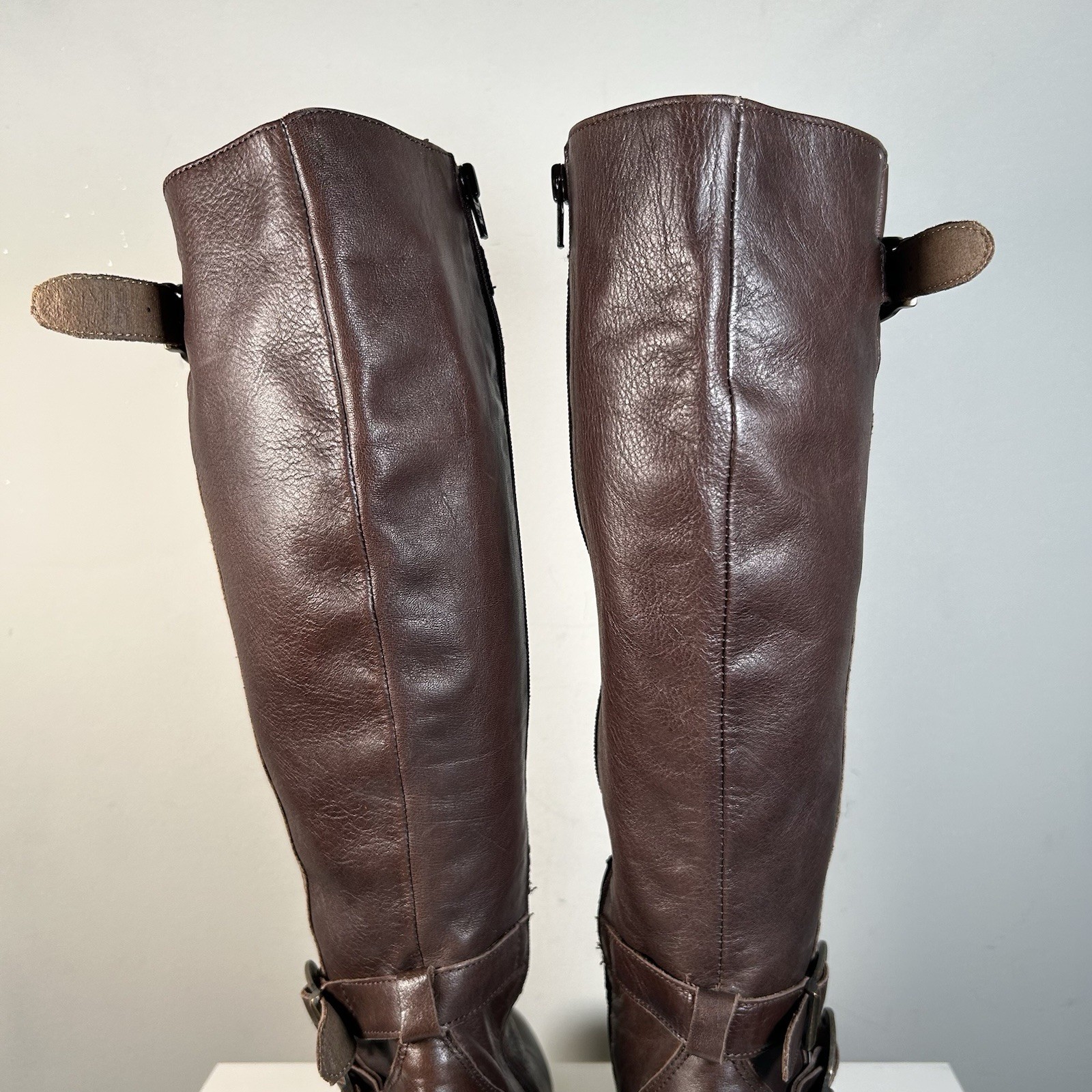 Miz Mooz Brown Brown Leather Moto Buckle Strap Hidden Wedge Boot Sz 8.5