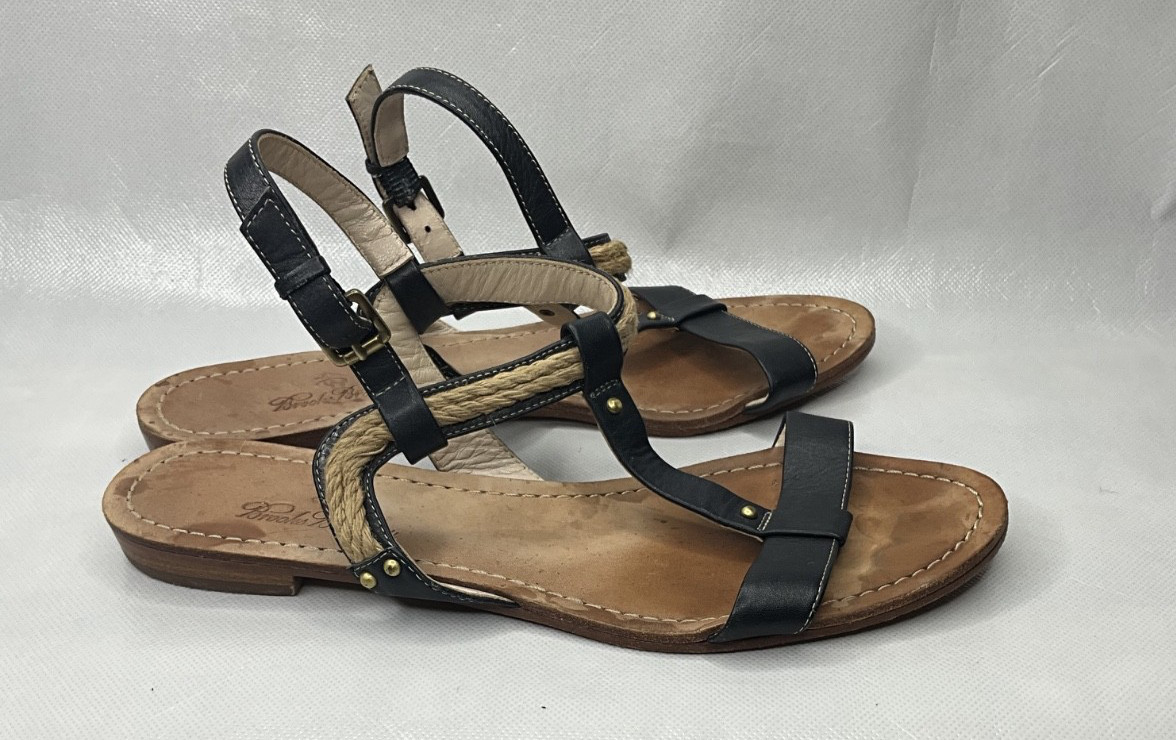 Brooks Brothers Navy Blue Leather Braided T-Strap Sandals Women’s Size 8