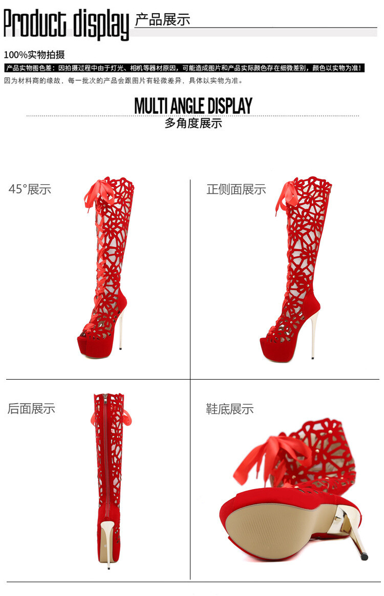 Women’s Knee High Summer Long Boot Hollow Out Studded Sandal Heel Platform Shoes
