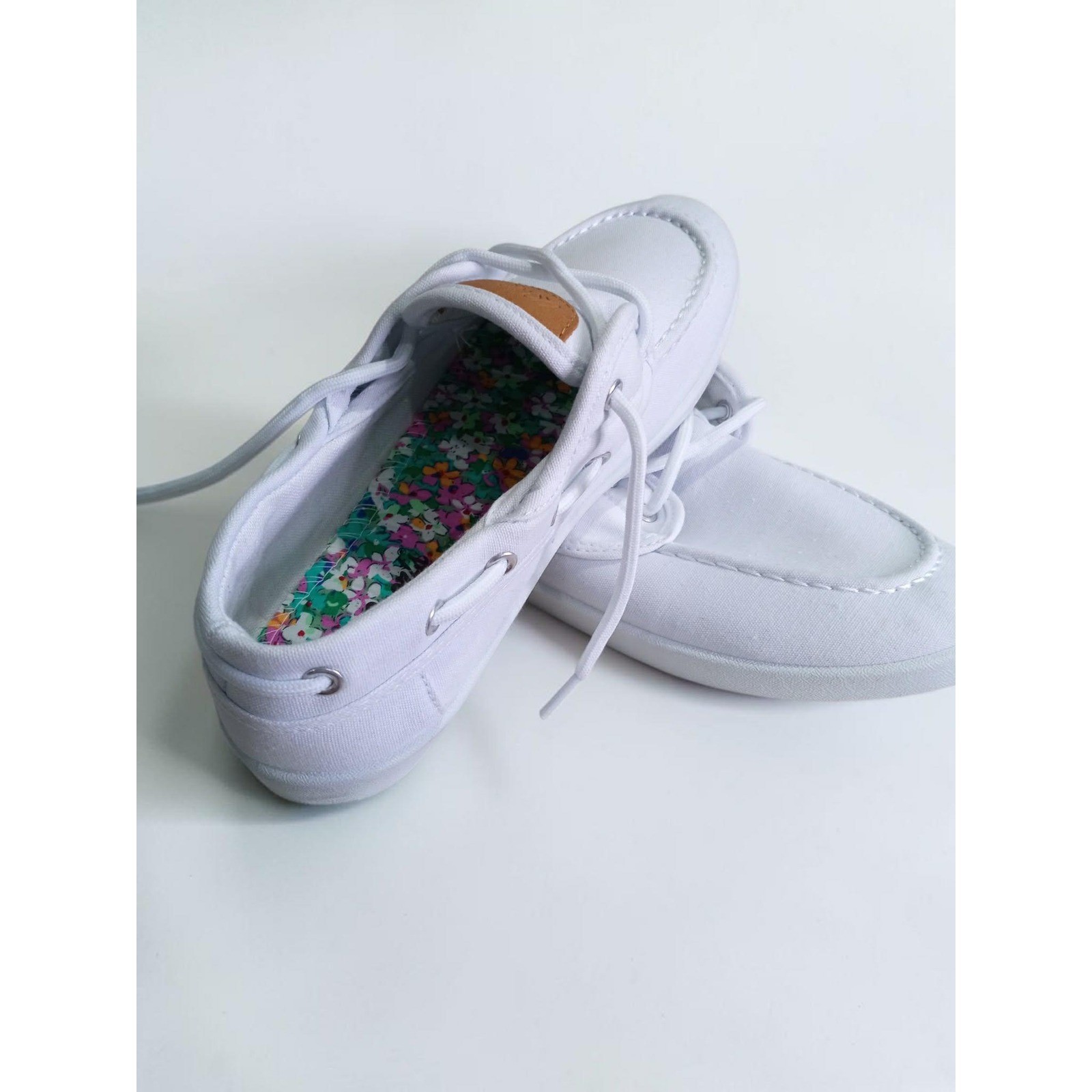 US Sports Womens White Canvas Boat Shoes Nautical Lace Up Loafers Floral Insole