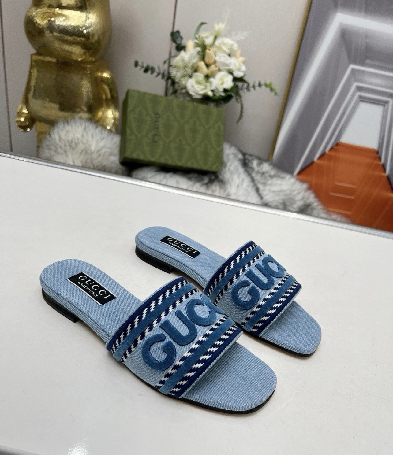 Gucci Jane Logo Embroidered Slide Sandal Denim Light Blue EU Size 8