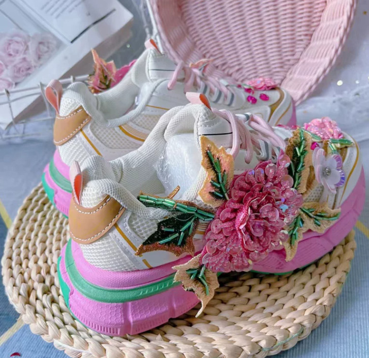 Floral Womens Platform Floral Lace Up Sequins Beaded Creeper Casual Sport Shoes