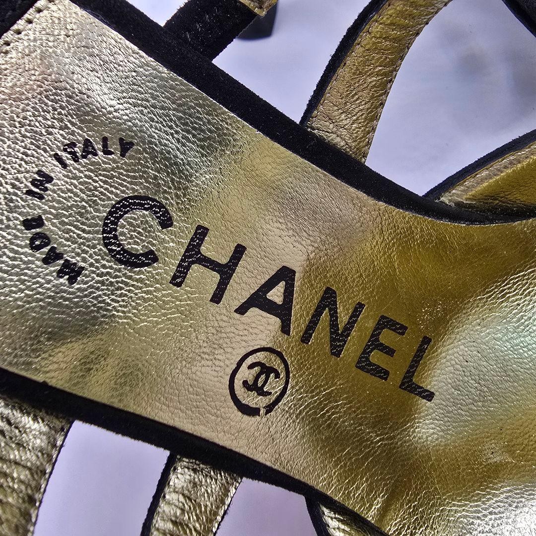 CHANEL Suede Mules Size 36 Black Gold Accents with Box and Dust Bags