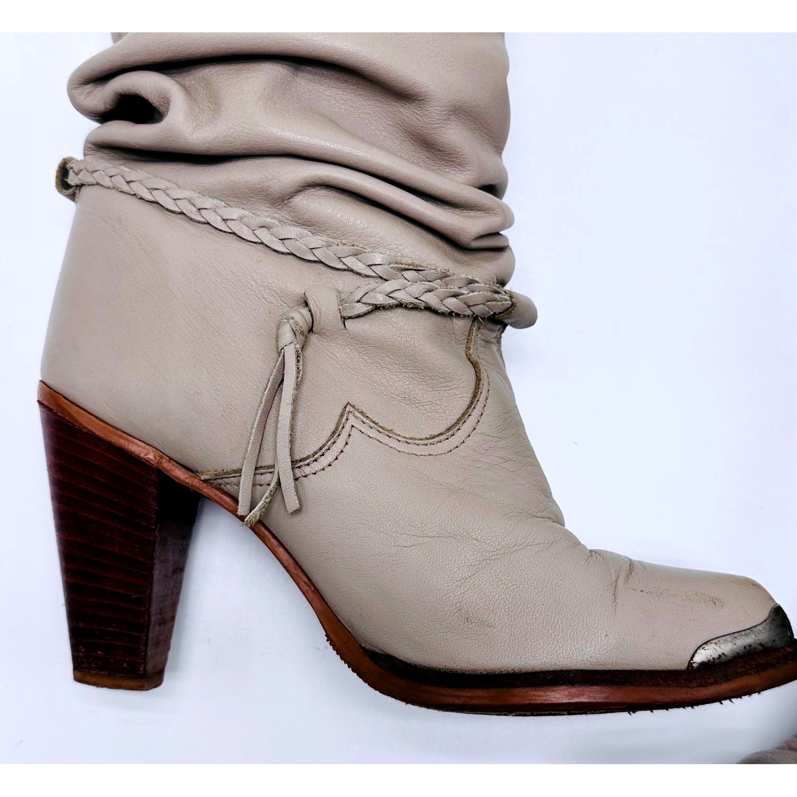Zodiac USA Vintage Taupe Leather Slouchy Western Boots Metal Toe Tip 6 M 803195