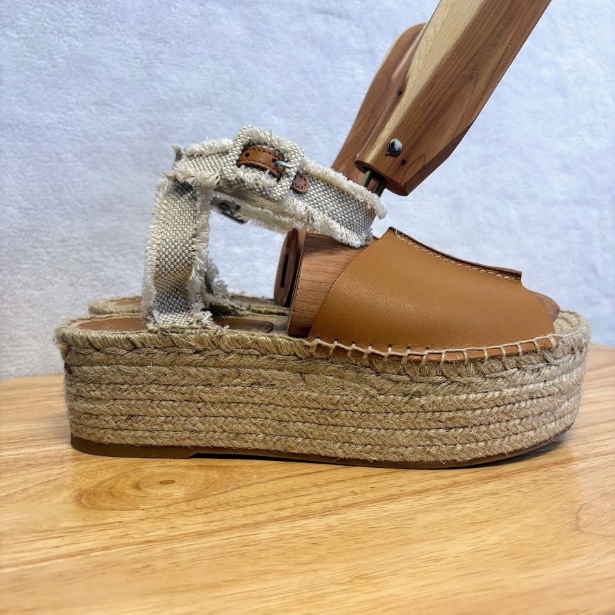 Zara Rope Sandals Platform Espadrille Ankle Buckle Tan Leather Sandal EU 39