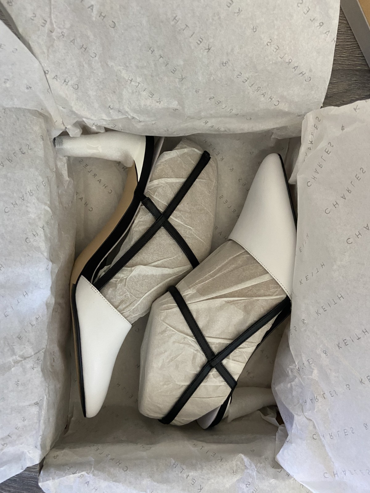 NIB Charles & Keith White Slingback Heels Size 7.5 (38) Covered Style CK1-609200