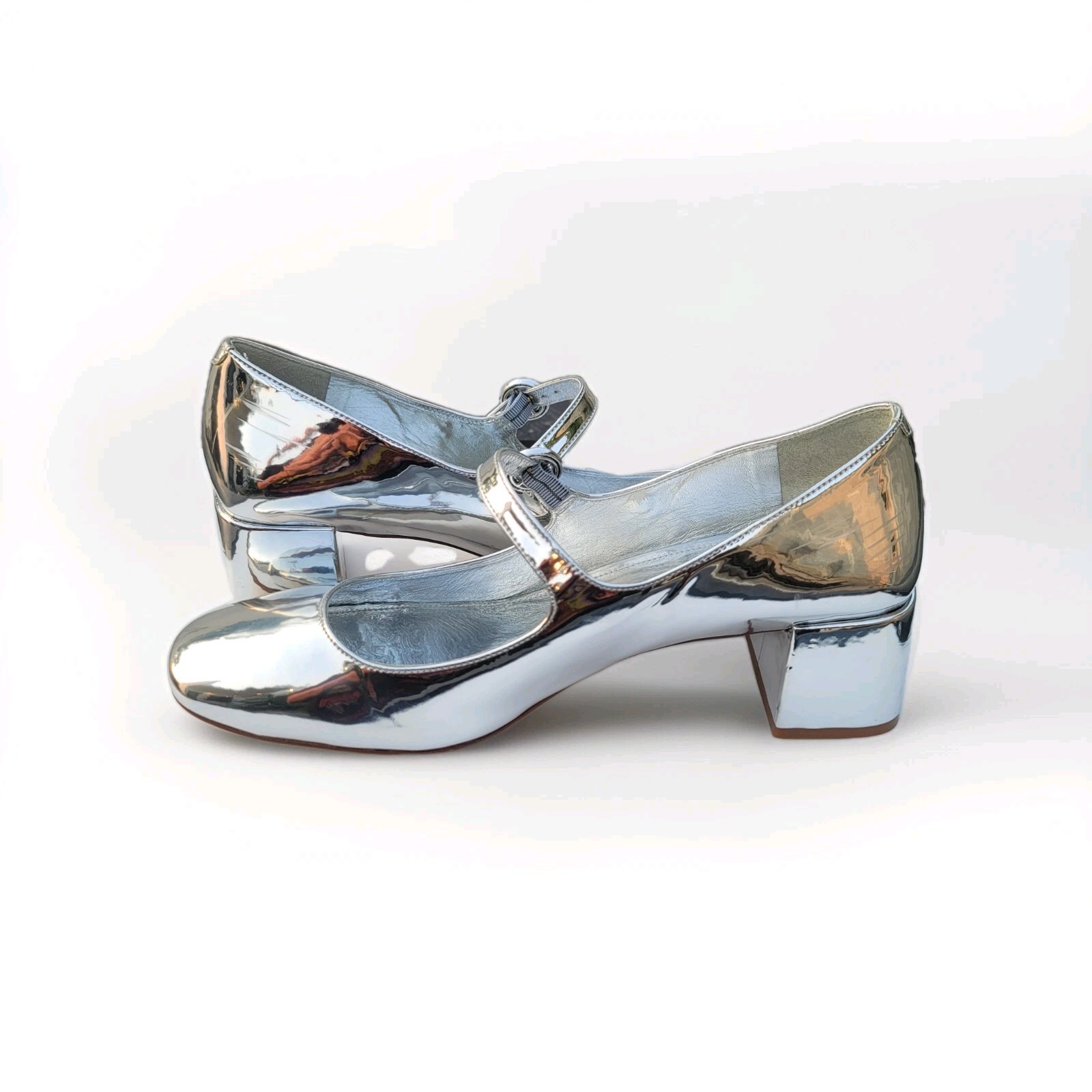 ​Larroude Blair Mary Jane Silver Specchio Leather Block Heel Pump Shoes Womens 9