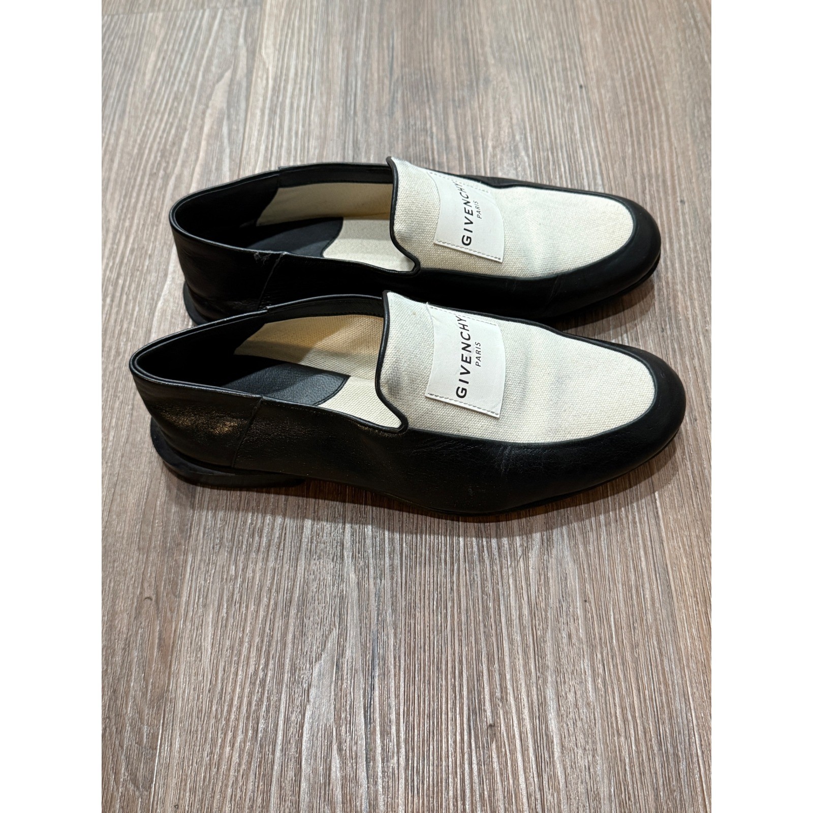 Givenchy Paris Black Leather Cream Canvas Logo Loafers Flats Made in Italy 38