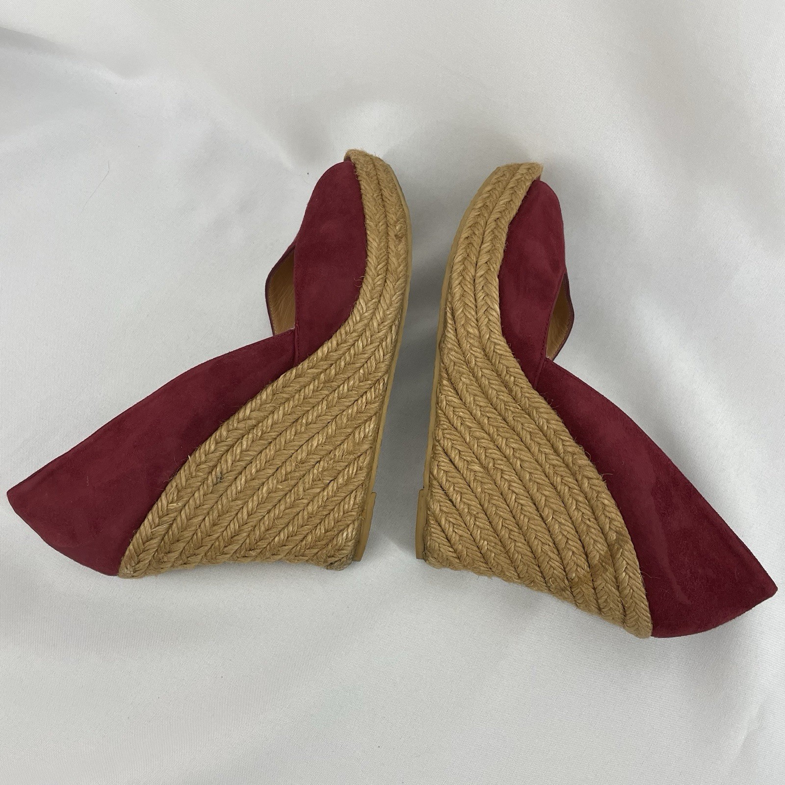 Jean Michel Cazabat Size 7 Maroon High Heels Wedge Peep Toe Slip On Shoes Suede