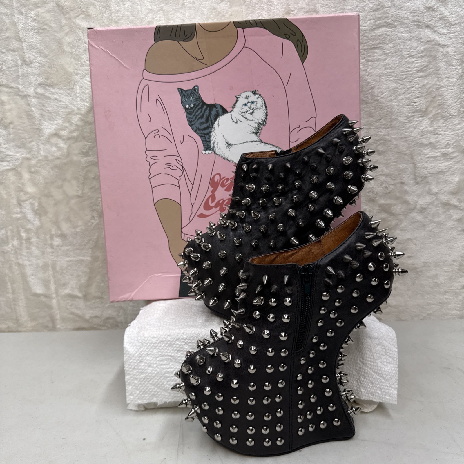 Jeffrey Campbell DustSpike Black Leather Wedge Platform Size 6M