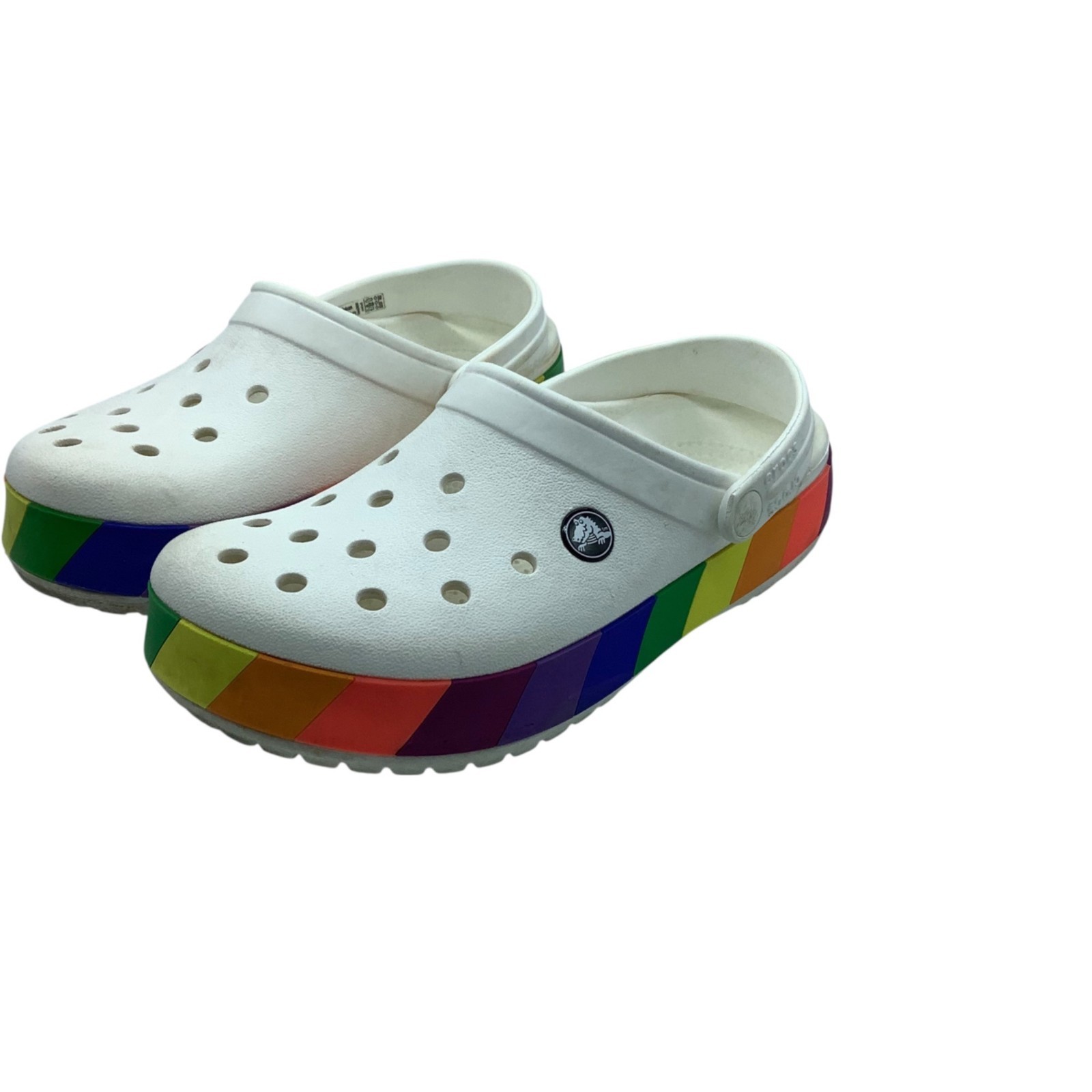 Crocs Classic Clogs White With Rainbow Band Stripe Size W6/M4