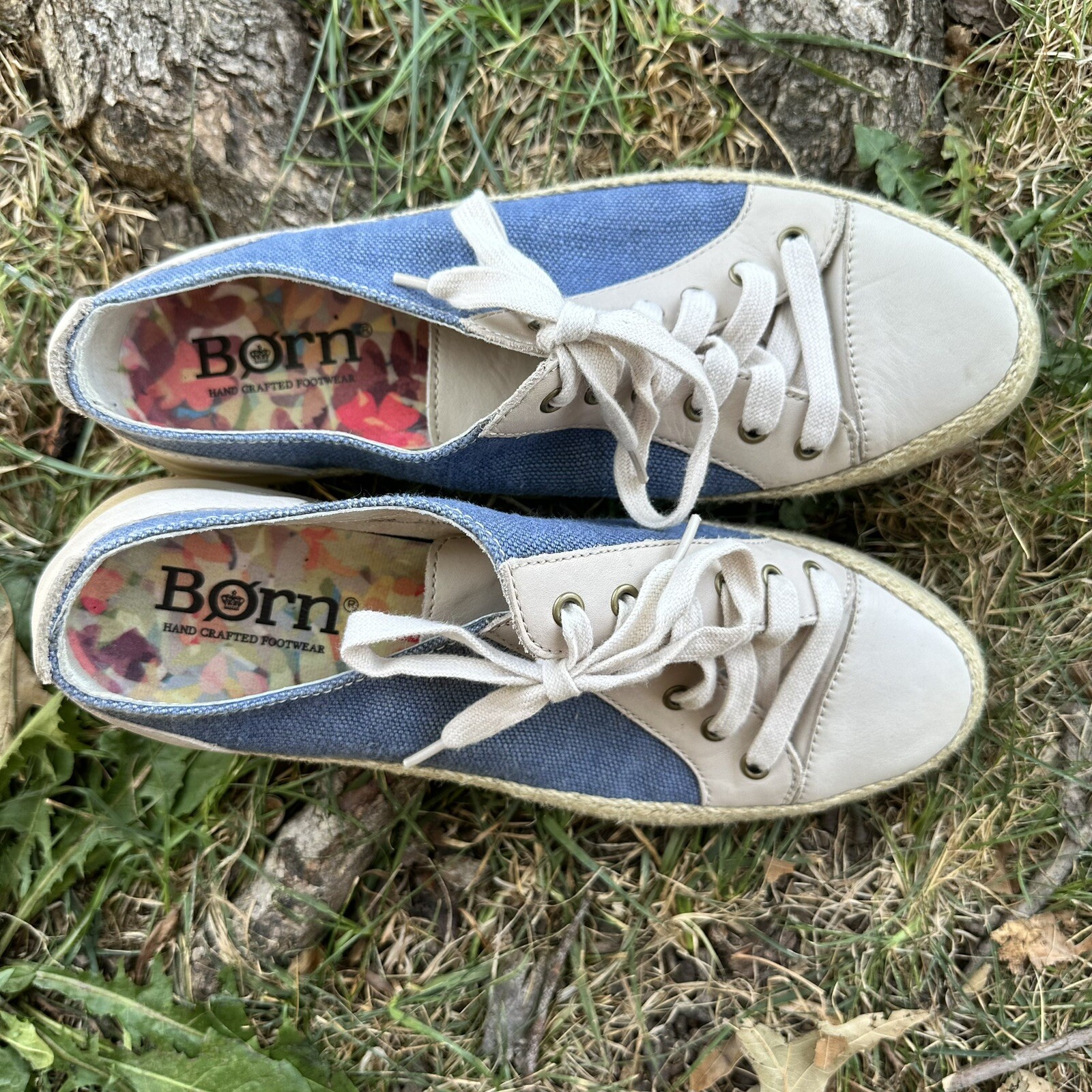 Born Corfield Blue Canvas Leather Espadrille Sneakers 9M Floral Insole Coastal
