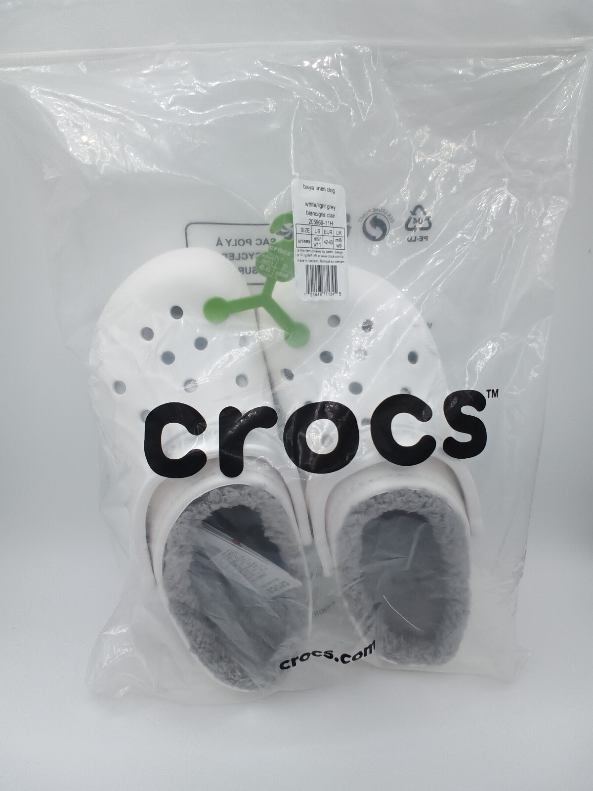 Crocs Baya Lined Clog Slip On White/Light Grey 205969-11H Sz M9/W11 New in bag