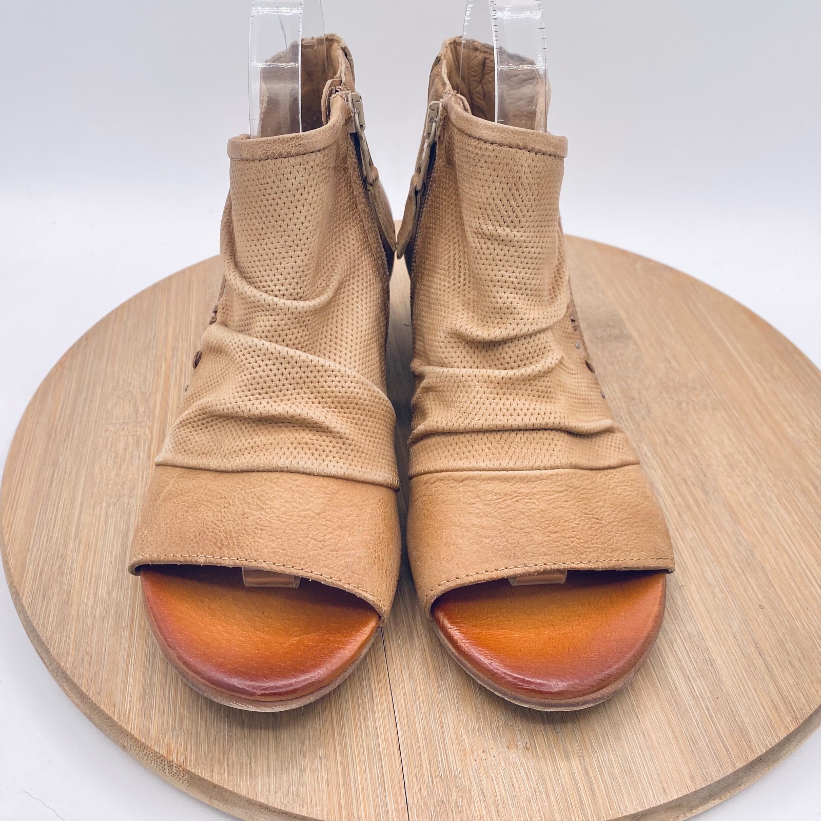 Miz Mooz Boots Womens 6.5 37 Tan Leather Ruched Ankle Booties Peep