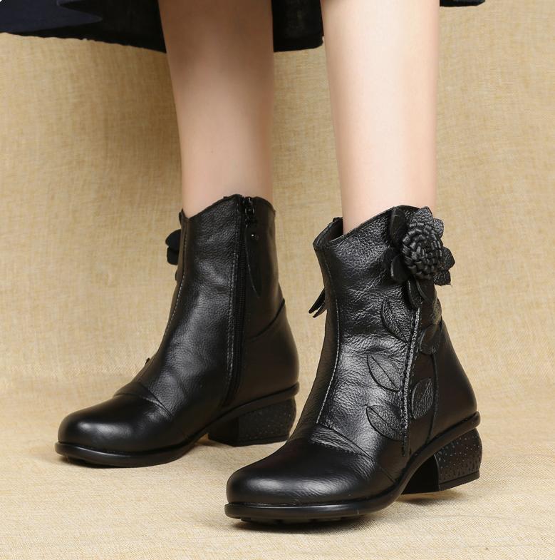 Women’s Round Toe Block Heel Folk Ankle Boot High Top Flower Loafer Mom Shoe
