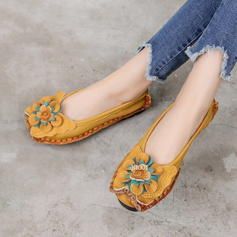 Leather Flat Shoes Women Flats with Flowers Ladies Soft Shoes Loafers Slip On