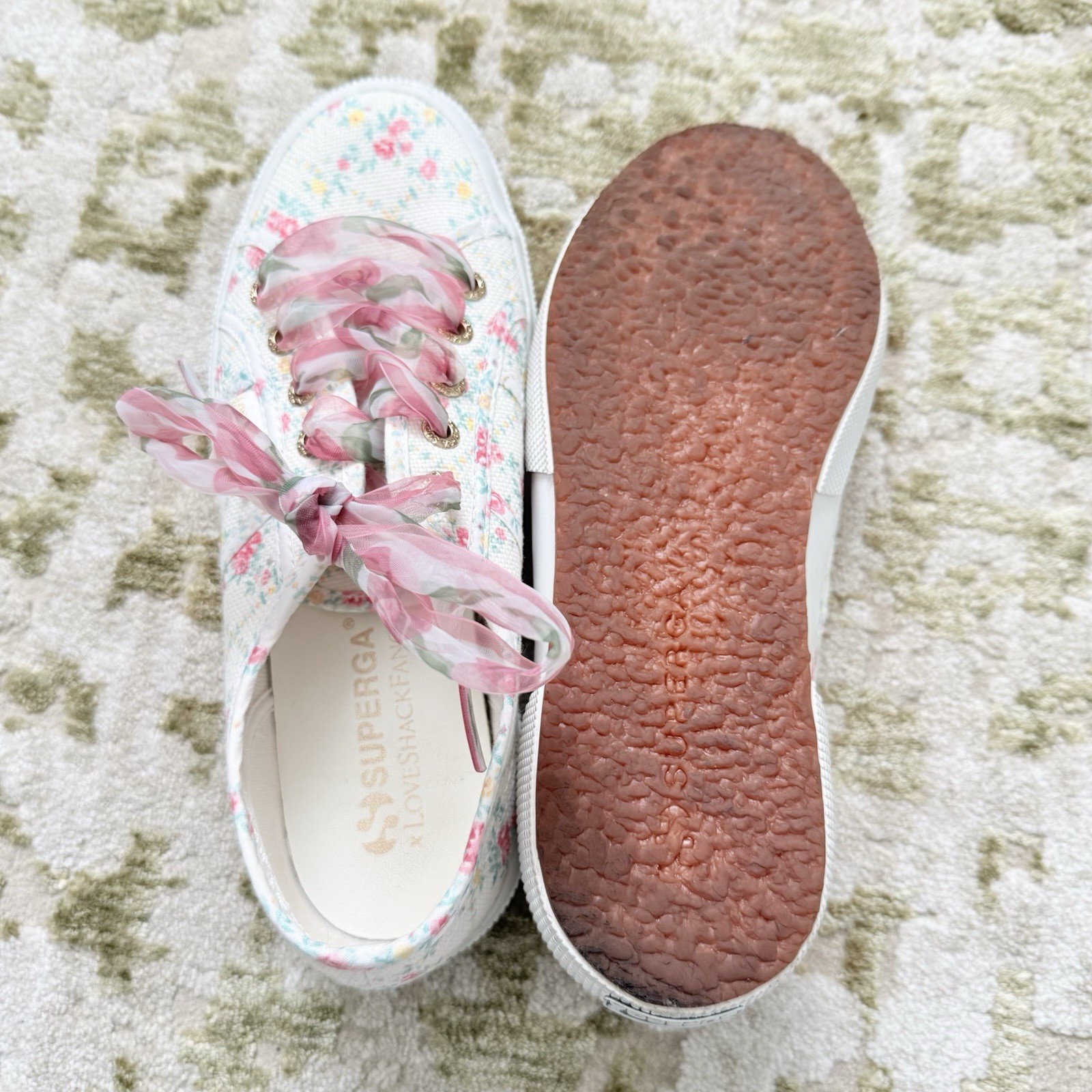 Superga x LoveShackFancy Floral Ribbon Sneakers Size 37 White Pink