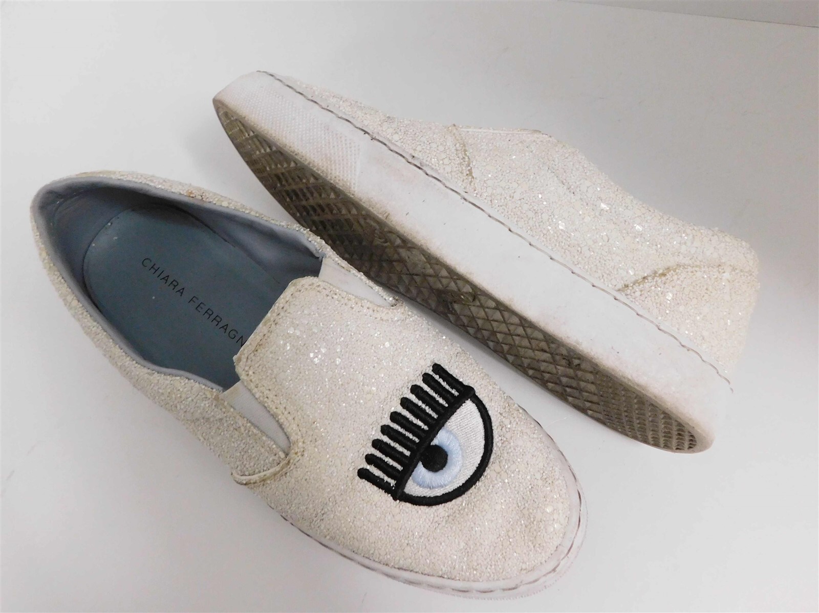 Chiara Ferragni White Glitter Leather Eye Lip Sneakers Italy 39