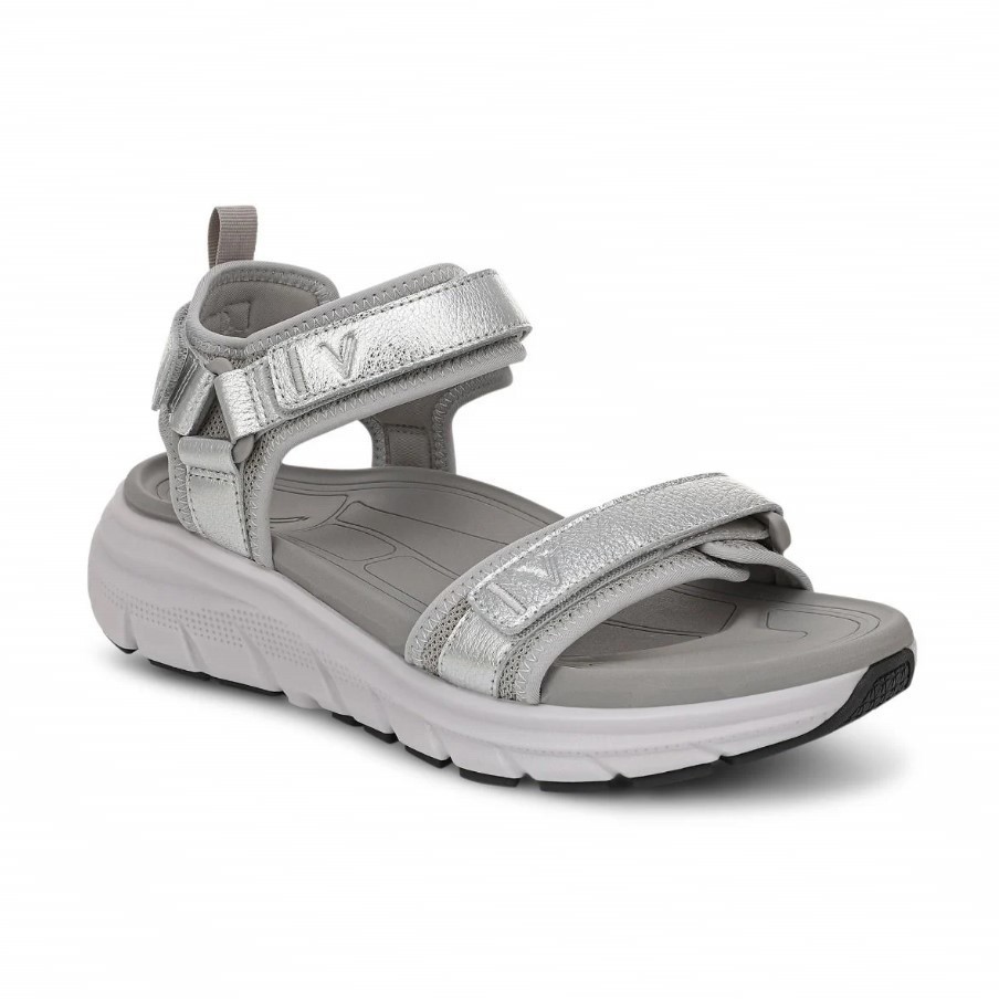 VIONIC Women Walk Max Wanderer Sandal, Silver Leather (NEW)