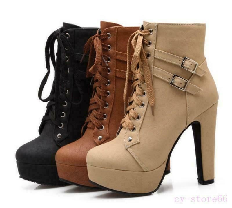 Women’s High Heel Platform Ankle Boots Knight Motorcycle Buckle Lace Up Shoes