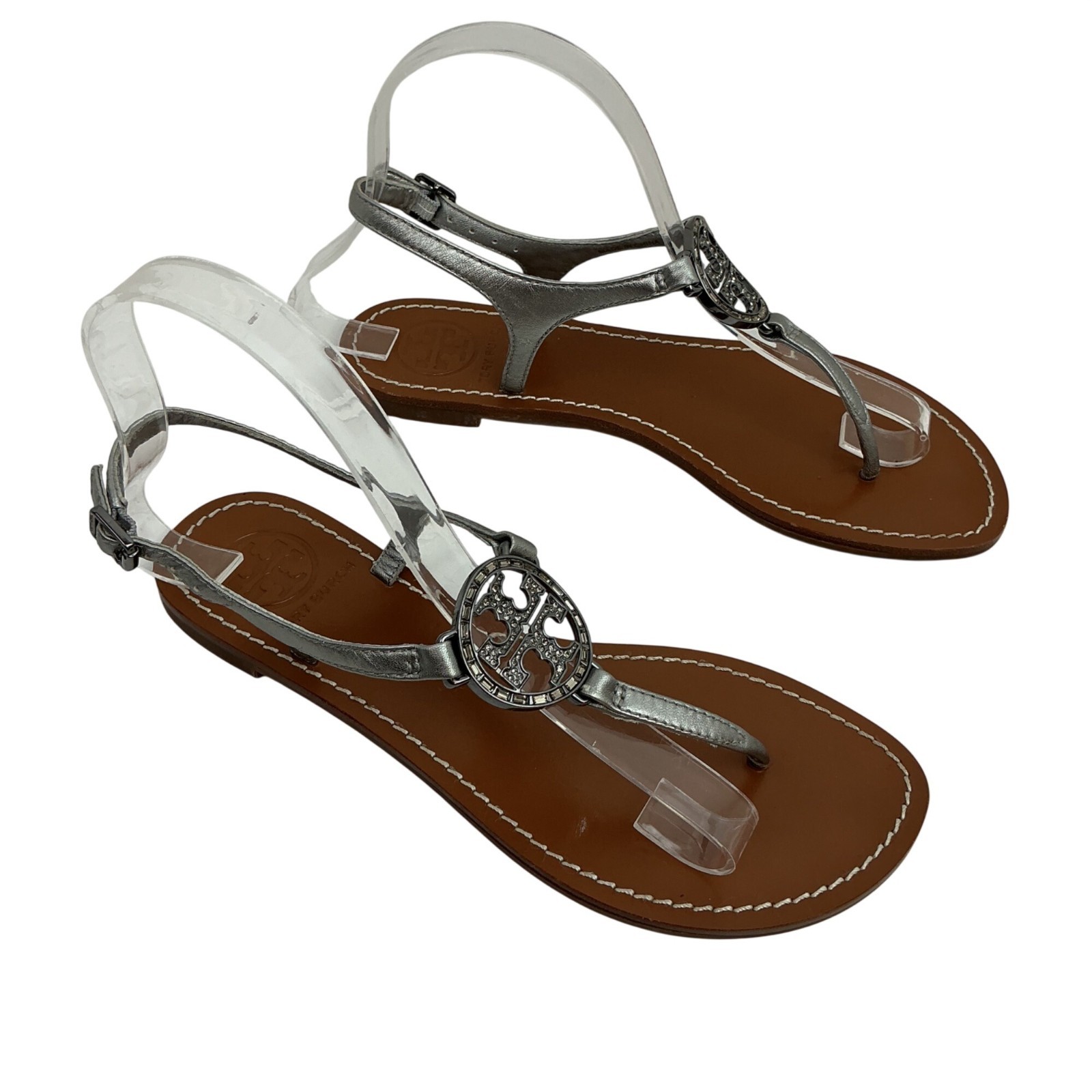 Tory Burch Crystal Metallic Logo Leather Slingback T-Strap Sandals Silver Tan