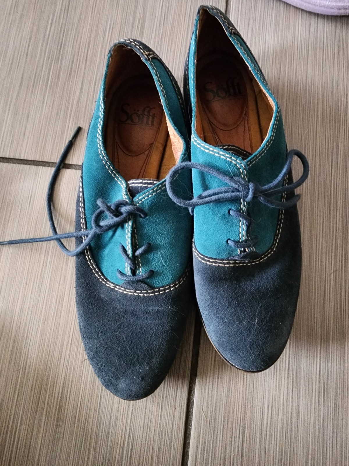 Sofft Women’s Oxford Flats Leather Colorblock Blue/Black Almond Toe Lace Up 7