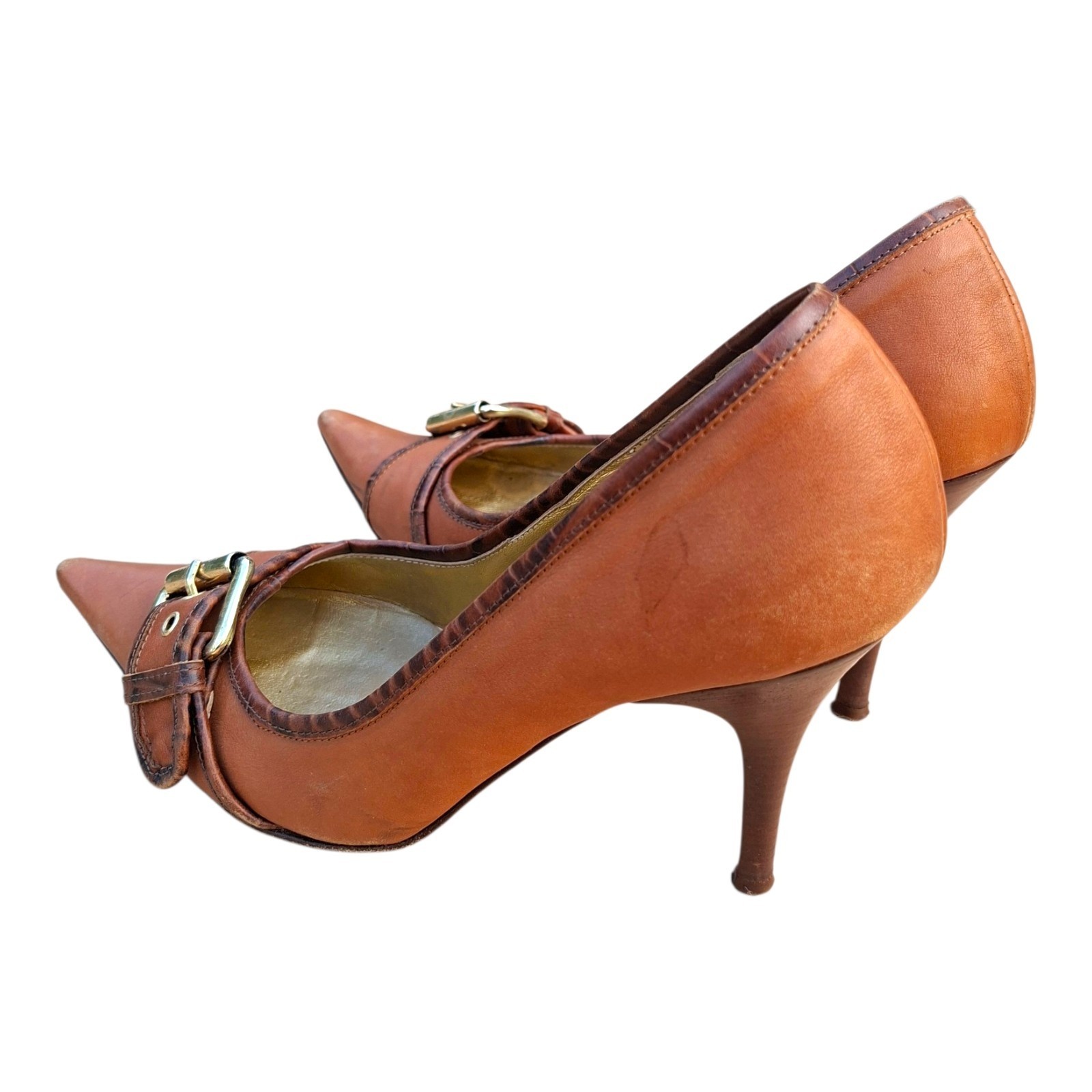 Vintage Just Cavalli Brown Leather Pointy Pumps Gold Buckle Heels Y2K Sz 39